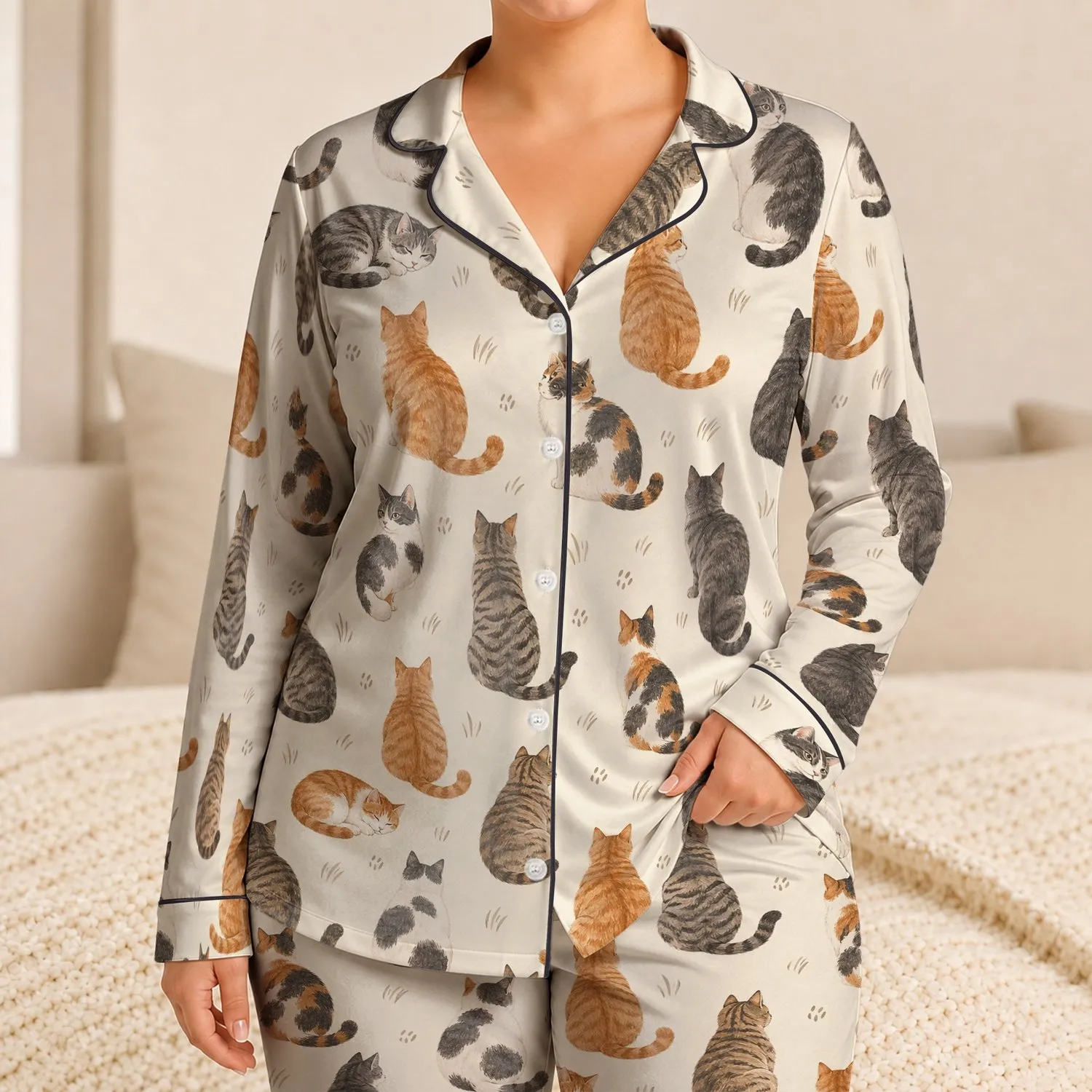 Cozy Cat Family Motifs For Quiet Autumn Evenings And Thoughtful Gifts For Cat Lovers Satin Pajamas Set - 1