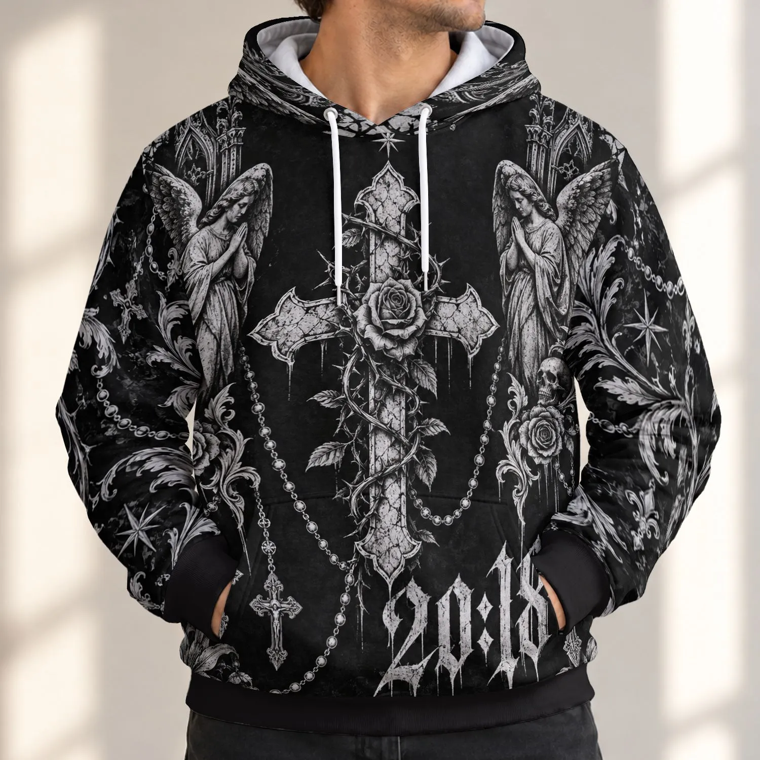 Gothic Cross and Rosary Motifs for Faithful Everyday Streetwear All-over Print Hoodie (Lightweight) - 1