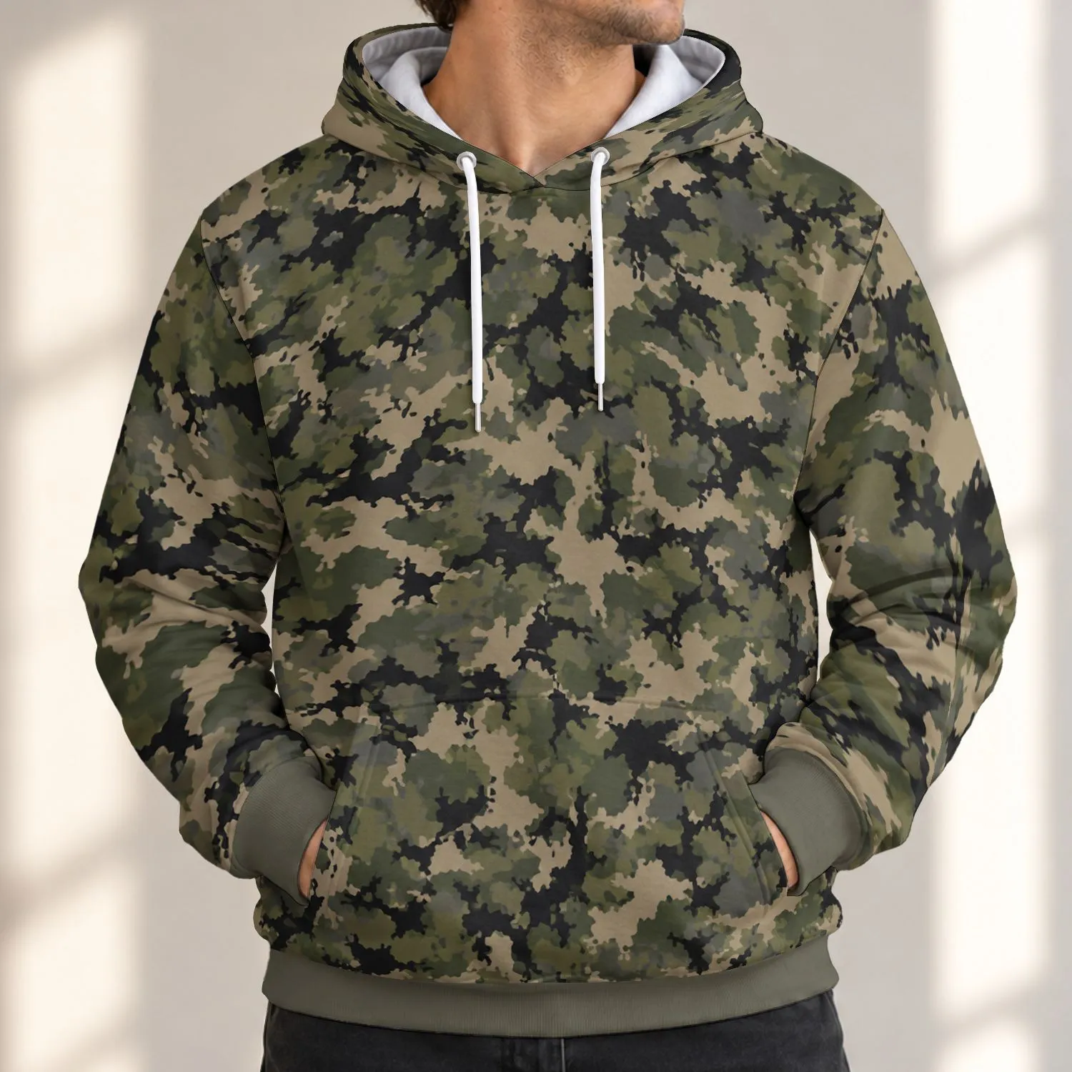 Olive Tan Black Camouflage Outdoor Casual Wear for Men, Hiking, Camping and Daily Use All-over Print Hoodie (Lightweight) - 1