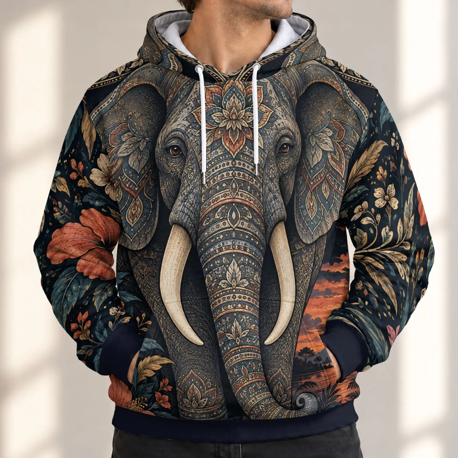 Ornate Elephant at Sunset for Nature Lovers, Travel Days and Everyday Adventures All-over Print Hoodie (Lightweight) - 1