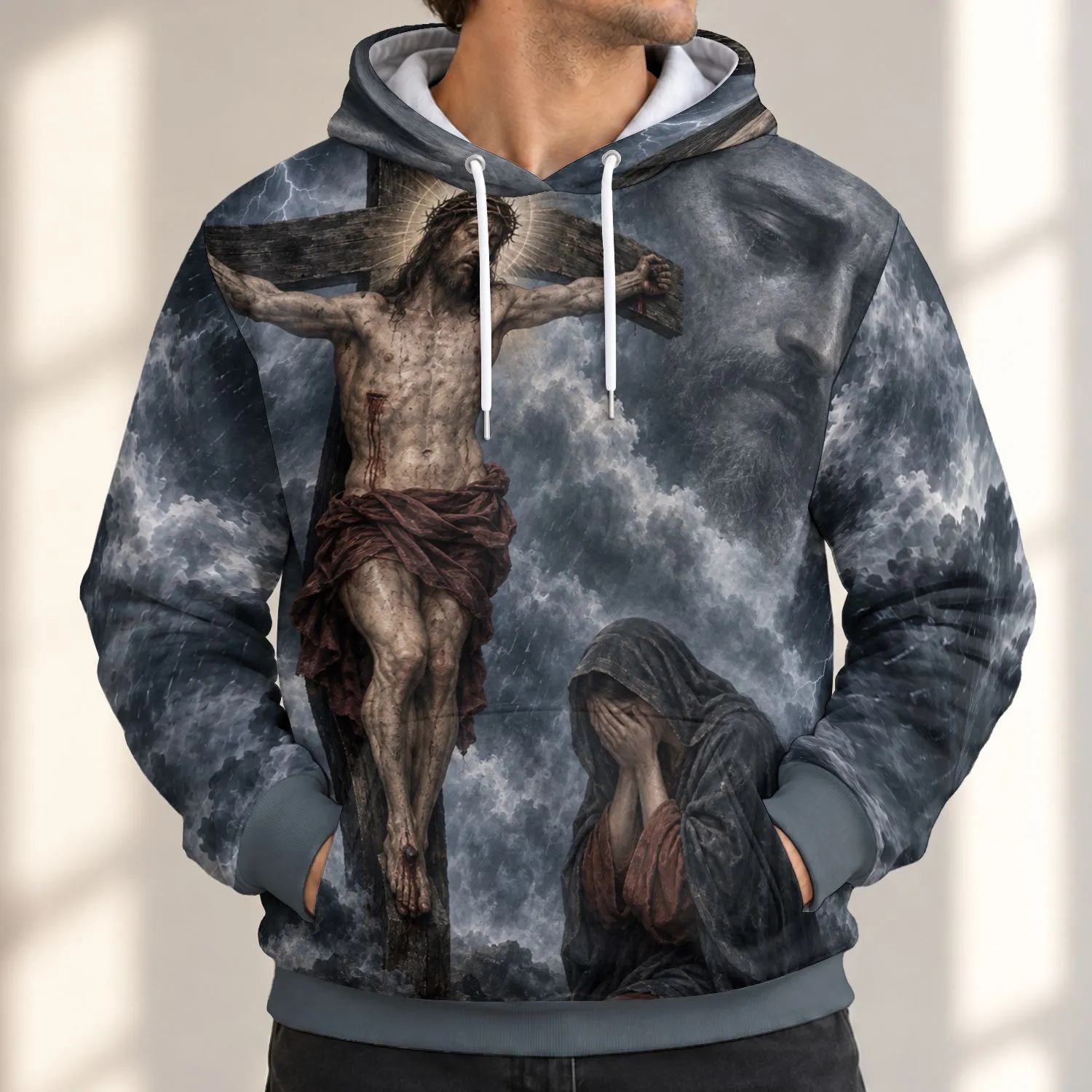 Stormy Crucifixion Religious Art for Prayerful Reflection and Faithful Living All-over Print Hoodie (Lightweight) - 1