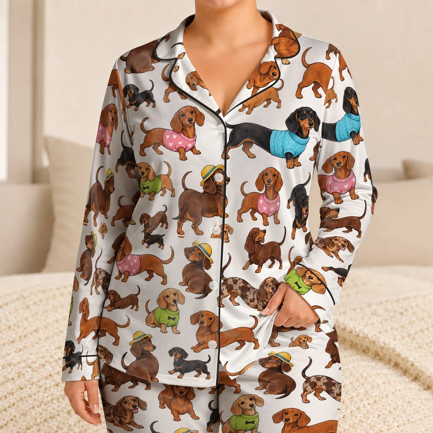 Playful Dachshund Dogs in Colorful Scarves for Cozy Spring Getaways and Gift Giving Satin Pajamas Set - 1