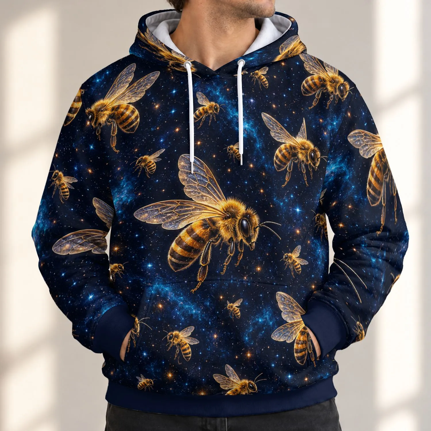 Golden Bees Among Midnight Stars for Everyday Nature Lovers and Cosmic Daydreamers All-over Print Hoodie (Lightweight) - 1