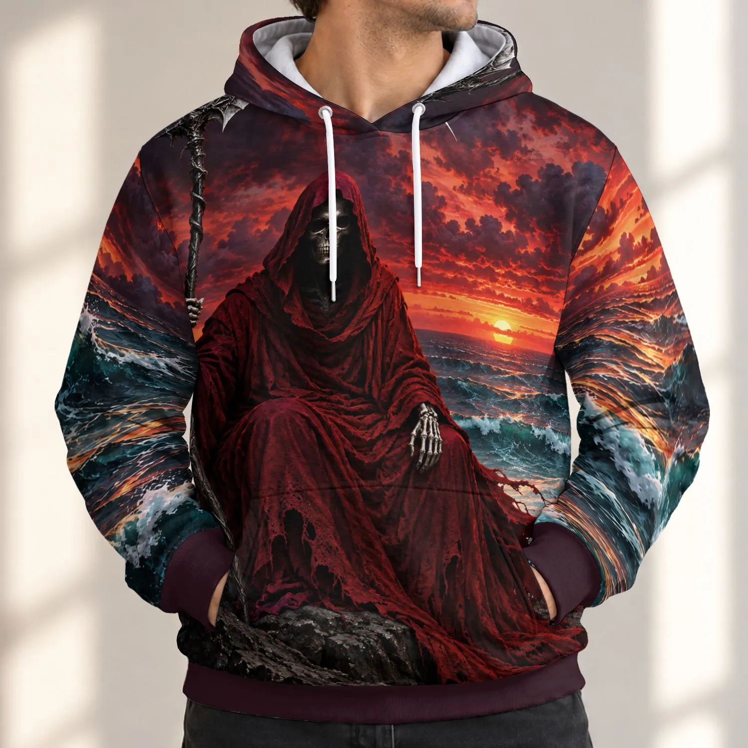 Crimson Grim Reaper at Sea Sunset for Dark Fantasy Fans and Halloween Nights All-over Print Hoodie (Lightweight) - 1