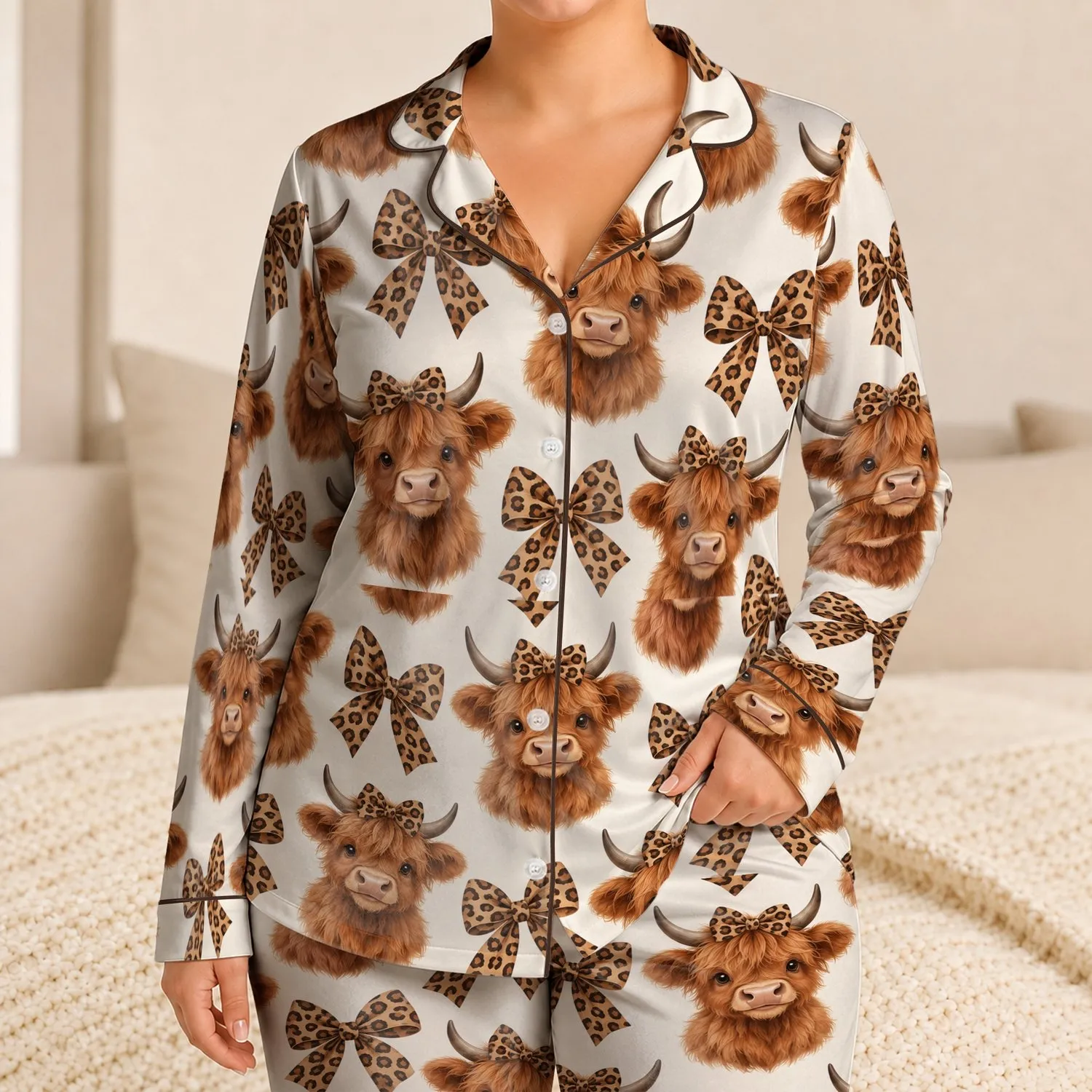 Highland Cow And Leopard Bows For Cozy Spring Getaways And Romantic Gift Giving Satin Pajamas Set - 1