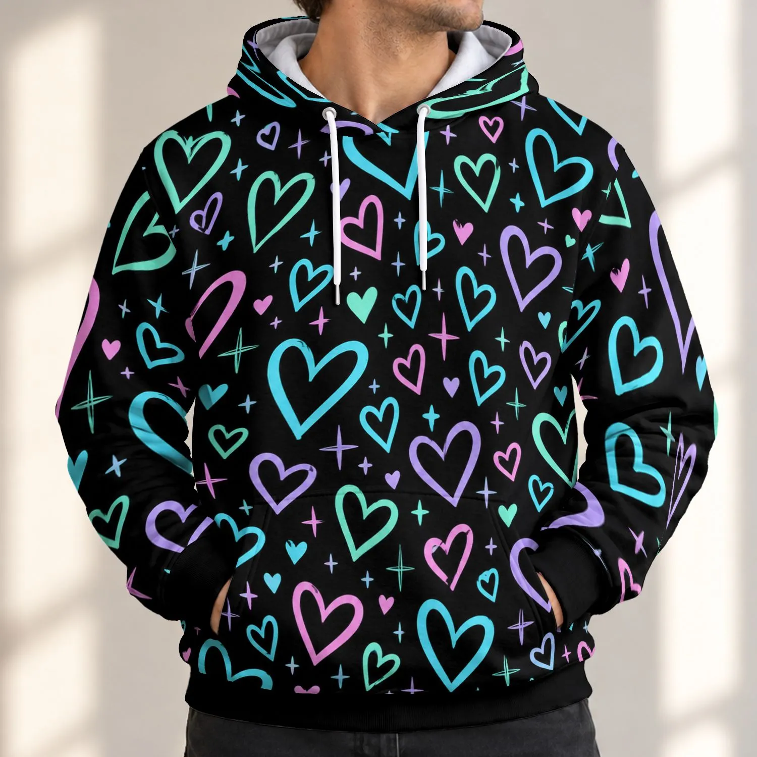 Neon Heart Motifs for Playful Night Out Style and Everyday Casual Wear for Adults All-over Print Hoodie (Lightweight) - 1