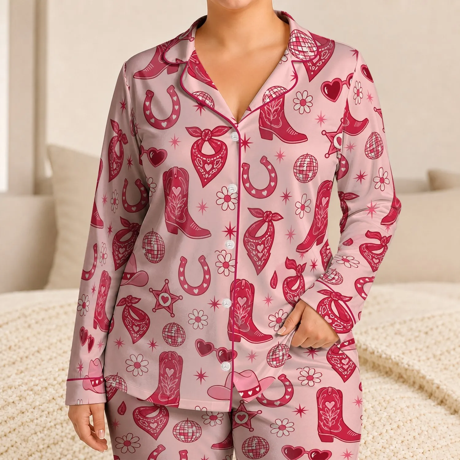 Rose Red Cowboy Hats And Boots For Cozy Western Nights And Ranch-Inspired Style At Home Satin Pajamas Set - 1