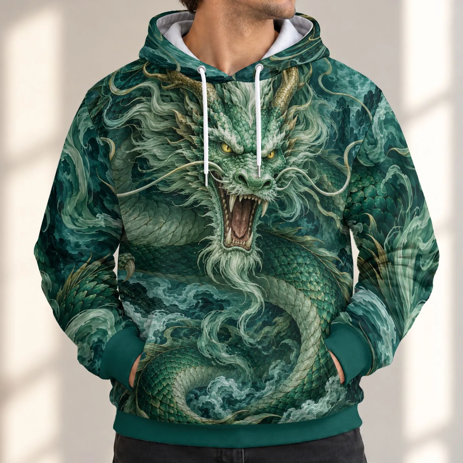 Emerald Dragon Portrait for Fantasy Conventions, Gaming Nights and Everyday Adventure All-over Print Hoodie (Lightweight) - 1