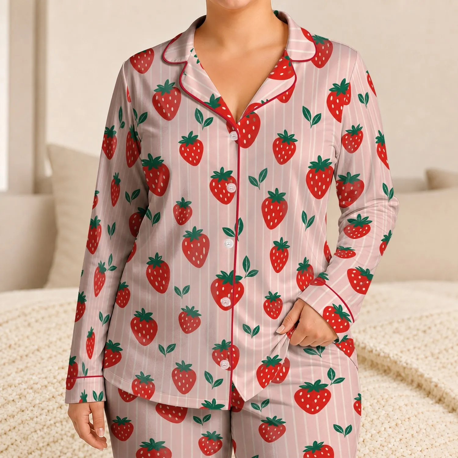 Strawberry And Blush Stripe Style For Cozy Spring Mornings And Sweet Valentine Gifting Satin Pajamas Set - 1