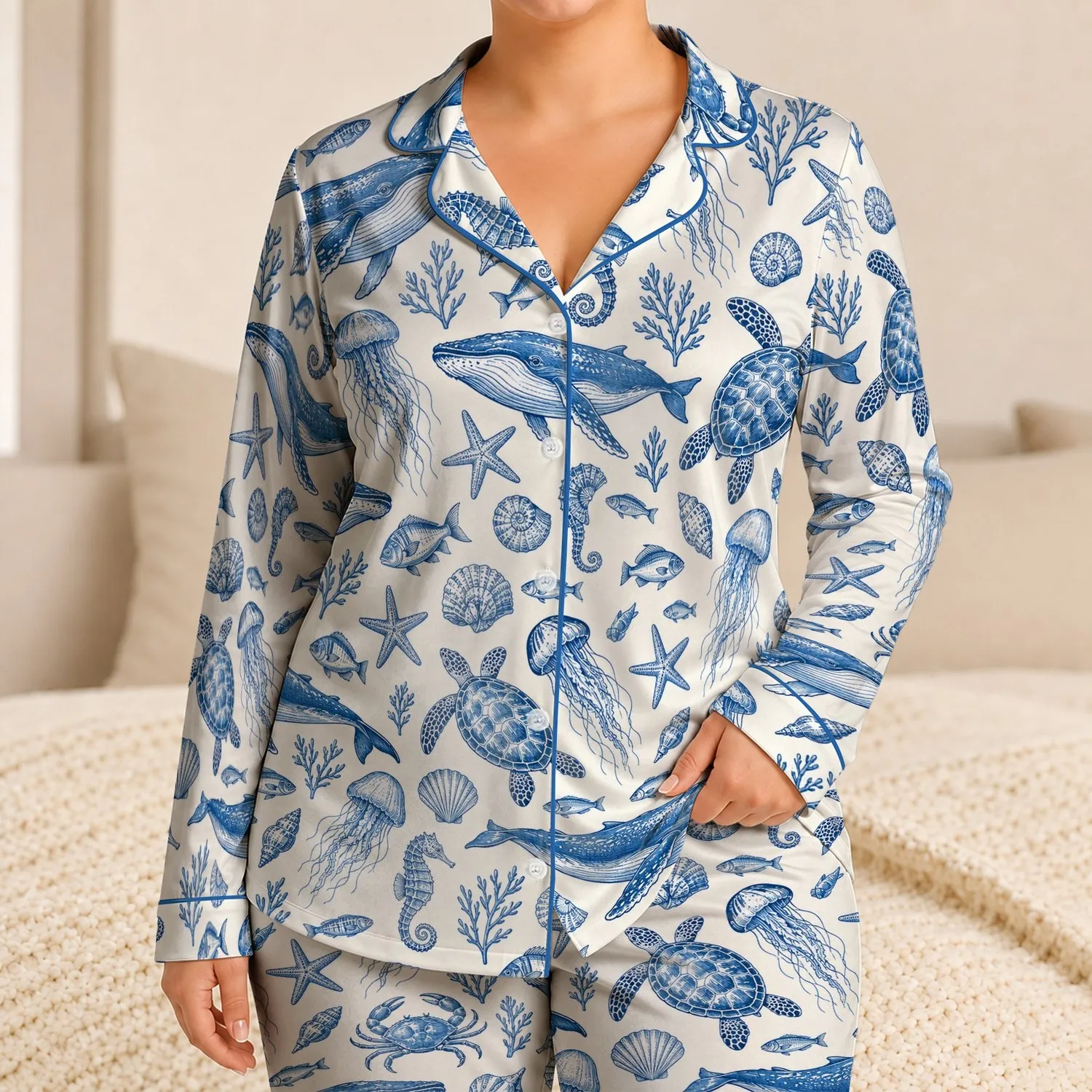 Blue Ocean Whales And Sea Turtles For Coastal Summer Getaways And Beach Lovers Satin Pajamas Set - 1