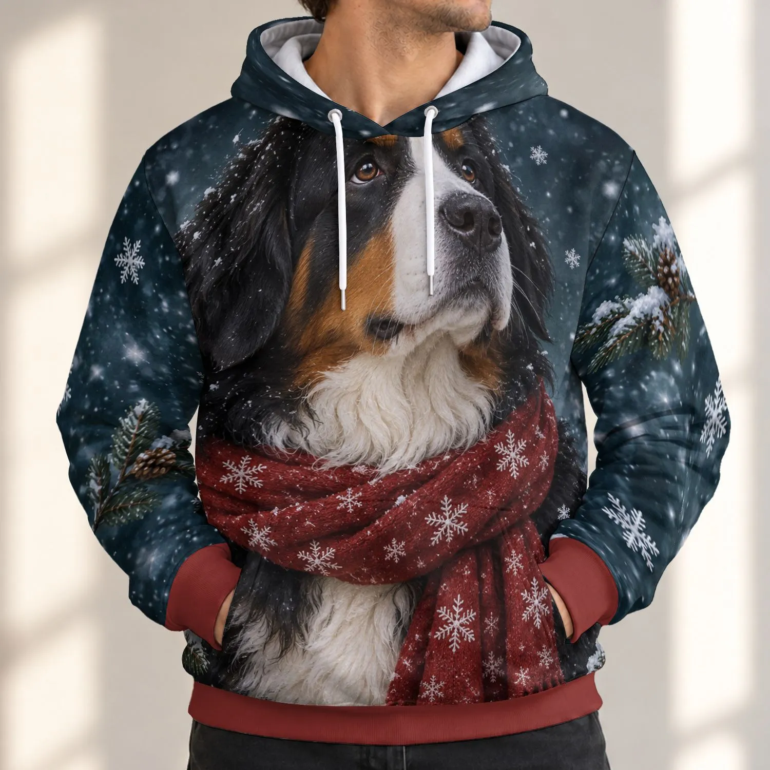Bernese Mountain Dog in Winter Scarf for Christmas Cheer and Cozy Cold-Weather Days All-over Print Hoodie (Lightweight) - 1