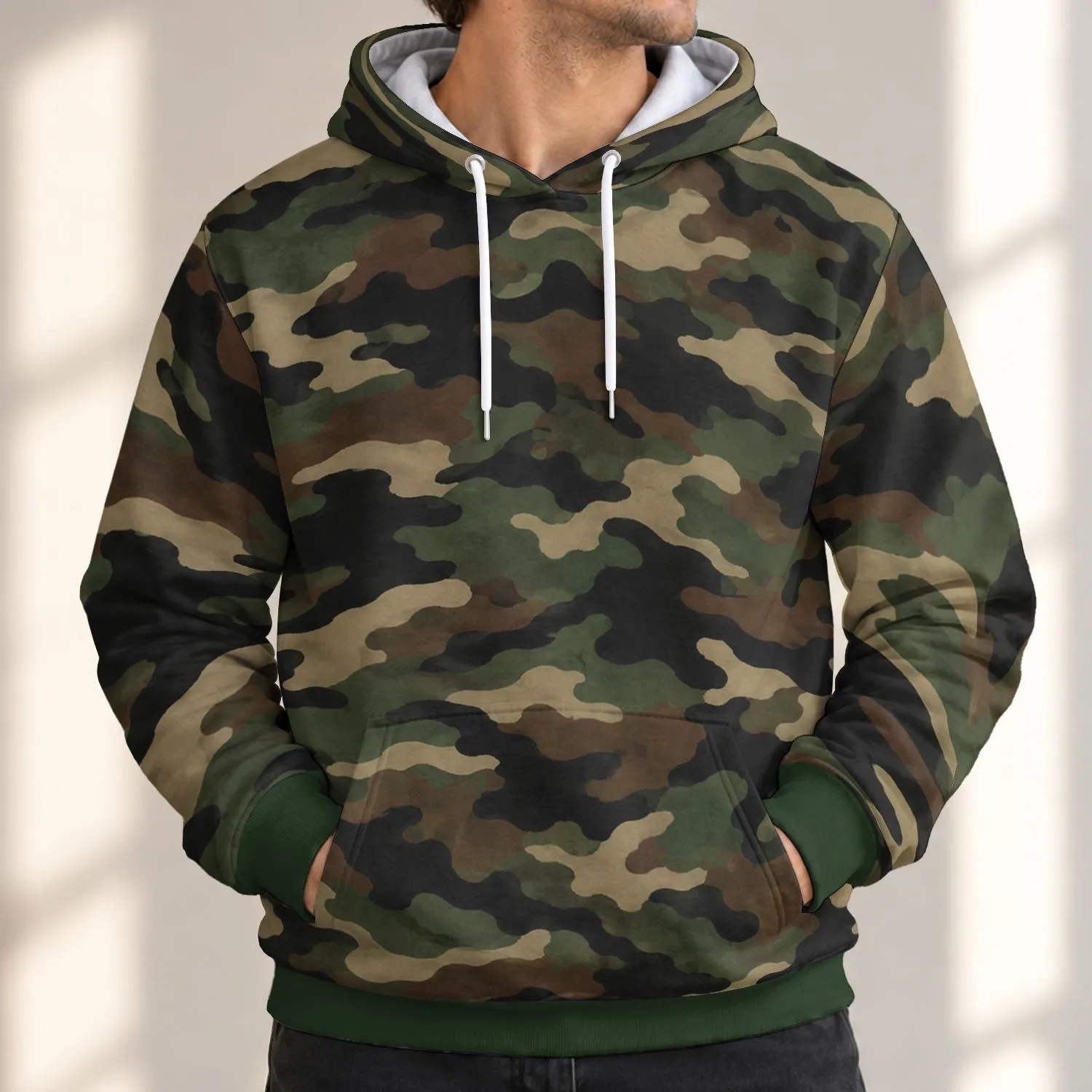 Woodland Camouflage in Green and Brown for Hiking, Camping and Outdoor Adventures All-over Print Hoodie (Lightweight) - 1