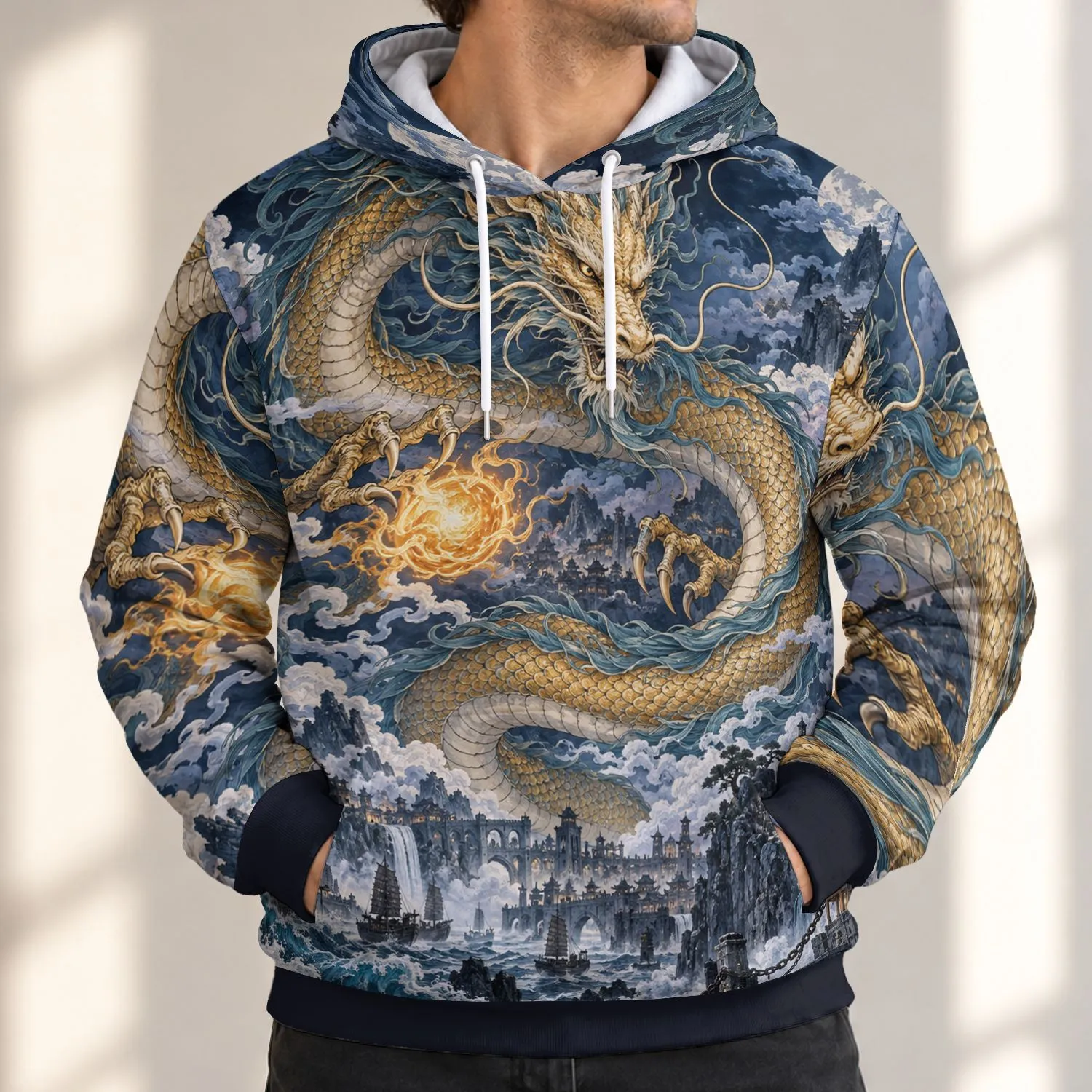 Golden Serpent Dragon Over Stormy Ancient City for Fantasy Adventure and Daily Wear All-over Print Hoodie (Lightweight) - 1