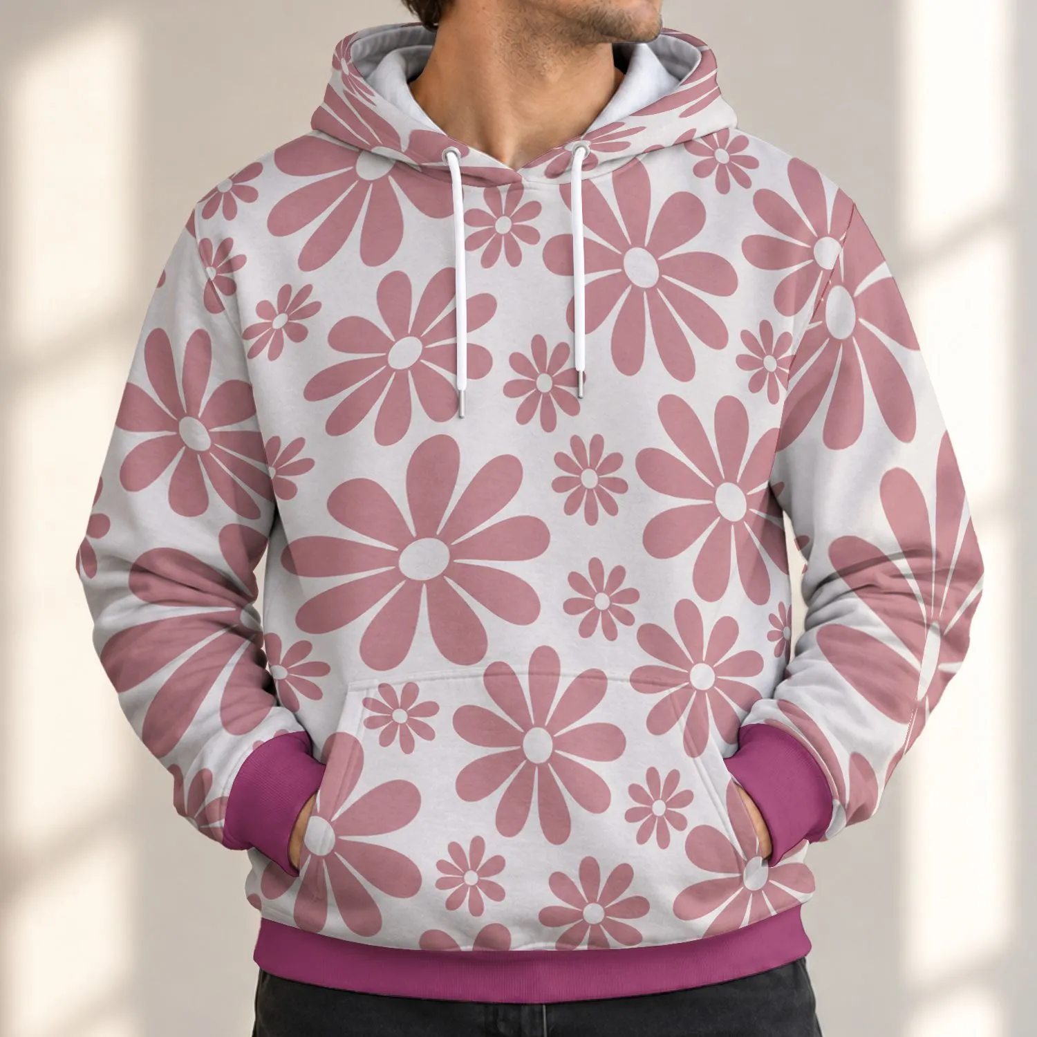 Dusty Rose Daisy Motifs for Everyday Outings, Travel, and Relaxed Casual Wear All-over Print Hoodie (Lightweight) - 1