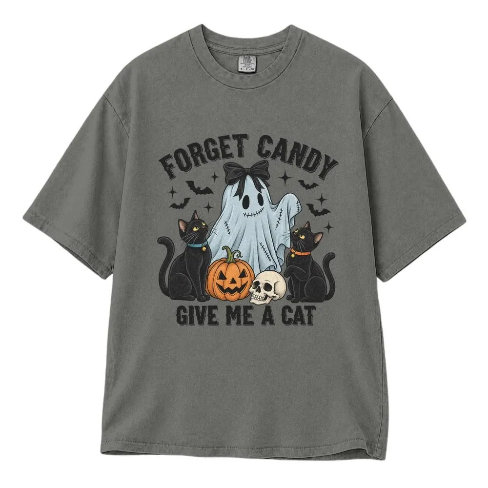 Forget Candy Give Me a Cat Halloween Shirt for Cat Lovers, Cute Ghost and Black Cat Graphic, Tee, Hoodie, Sweatshirt - 1