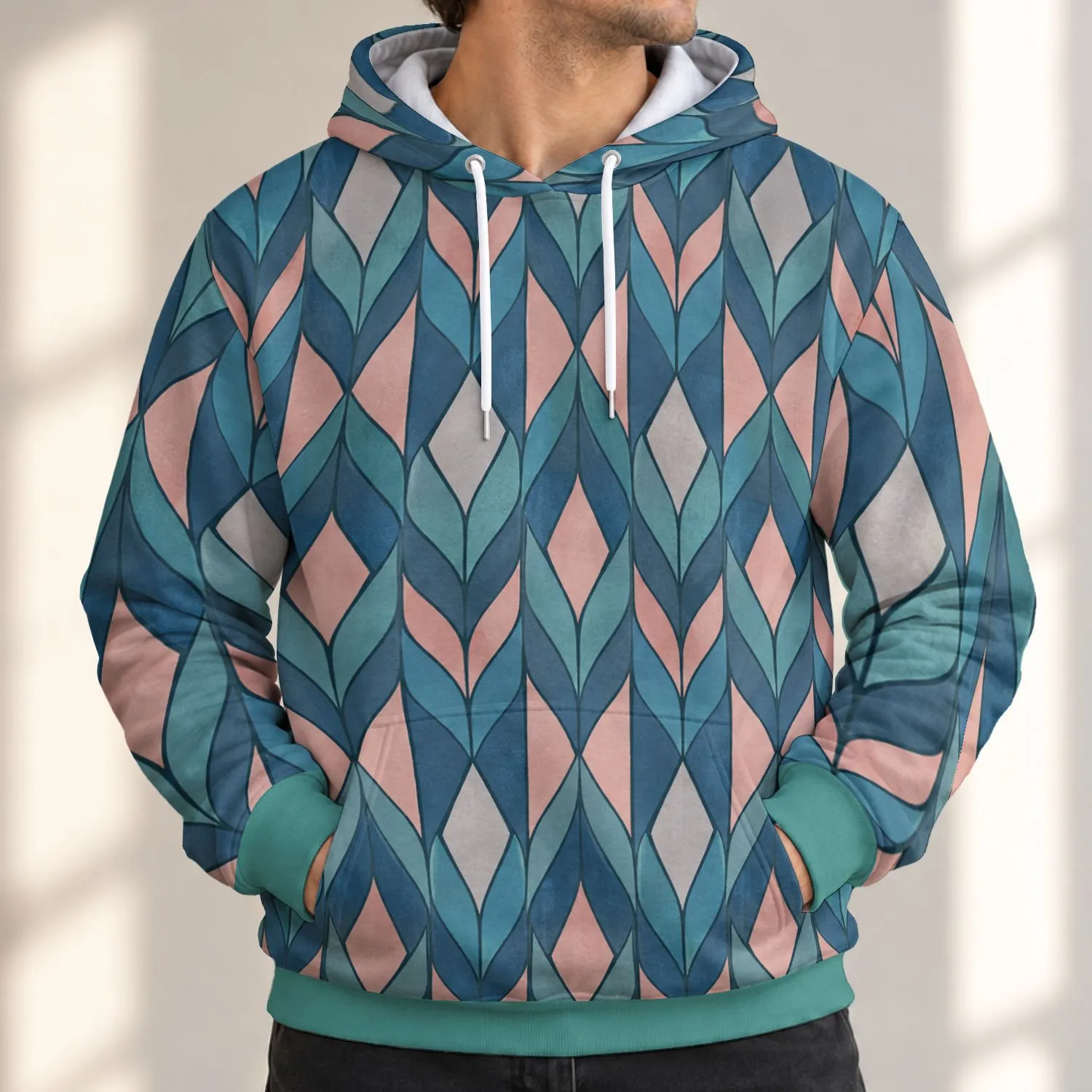 Teal Pink Geometric Rhombus Motif for Relaxed Weekend Casual Wear All-over Print Hoodie (Lightweight) - 1