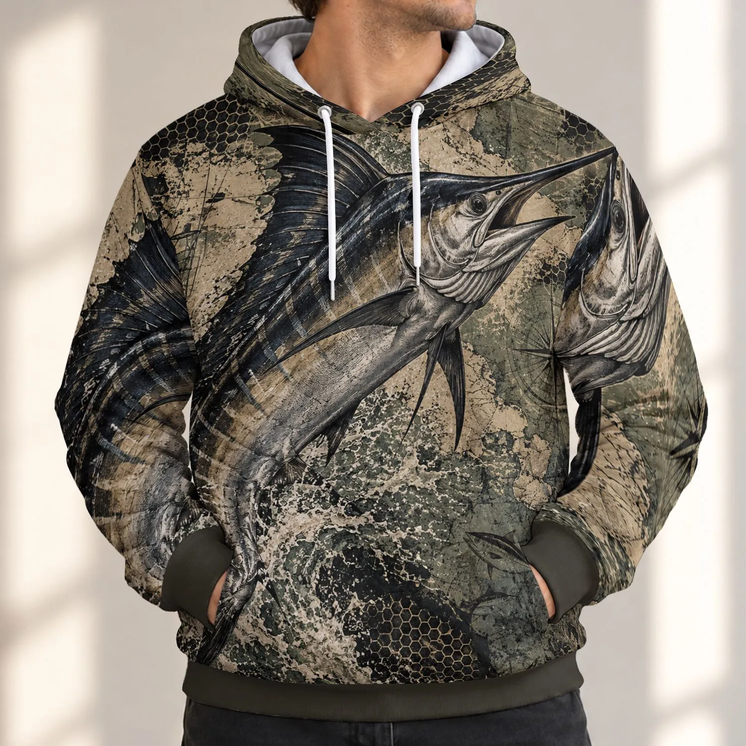Vintage Marlin Fishing Scene For Offshore Angling And Coastal Outdoor Adventures All-over Print Hoodie (Lightweight) - 1