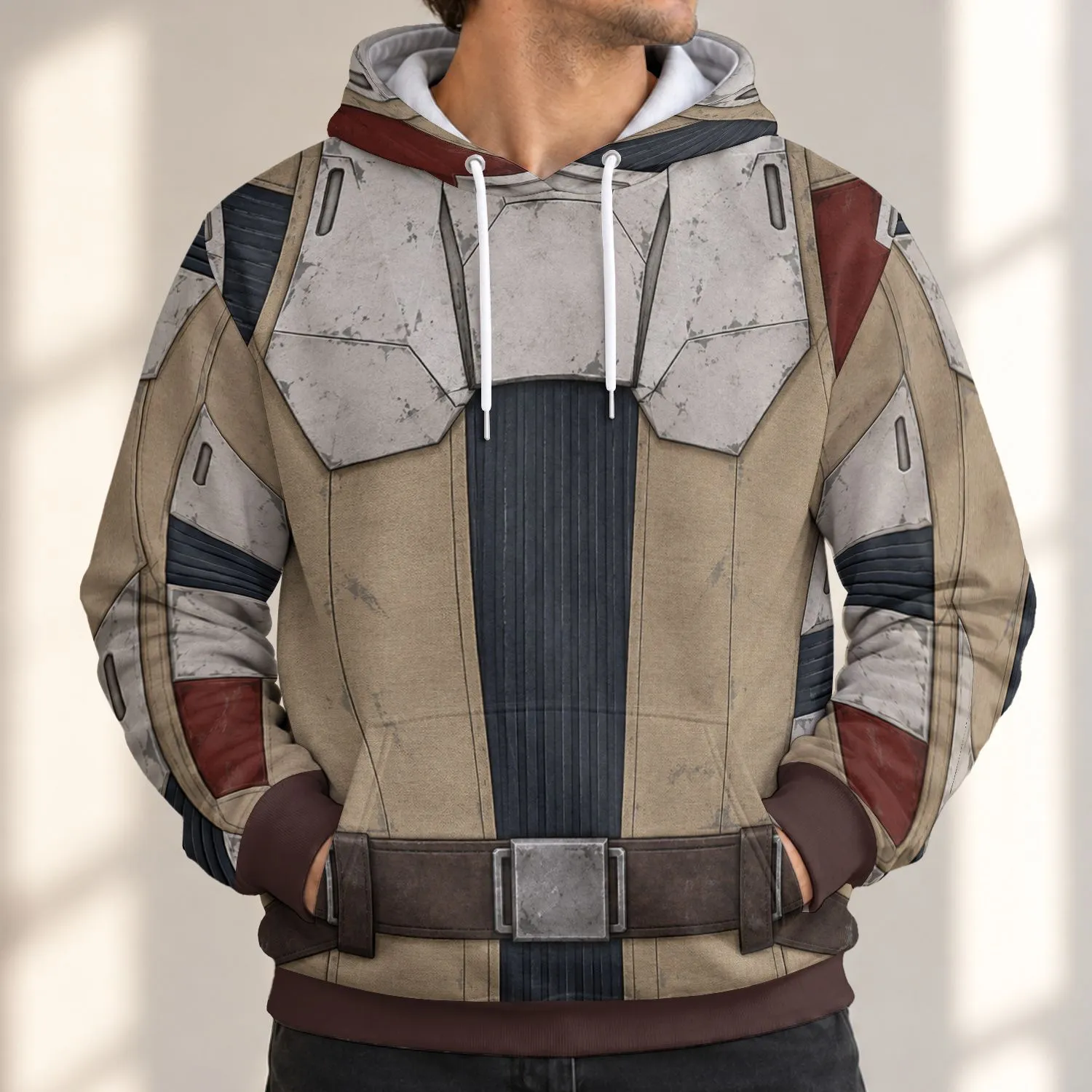 Beige And White Space Knight Armor Outfit For Halloween Cosplay And Galactic Adventure Fans All-over Print Hoodie (Lightweight) - 1