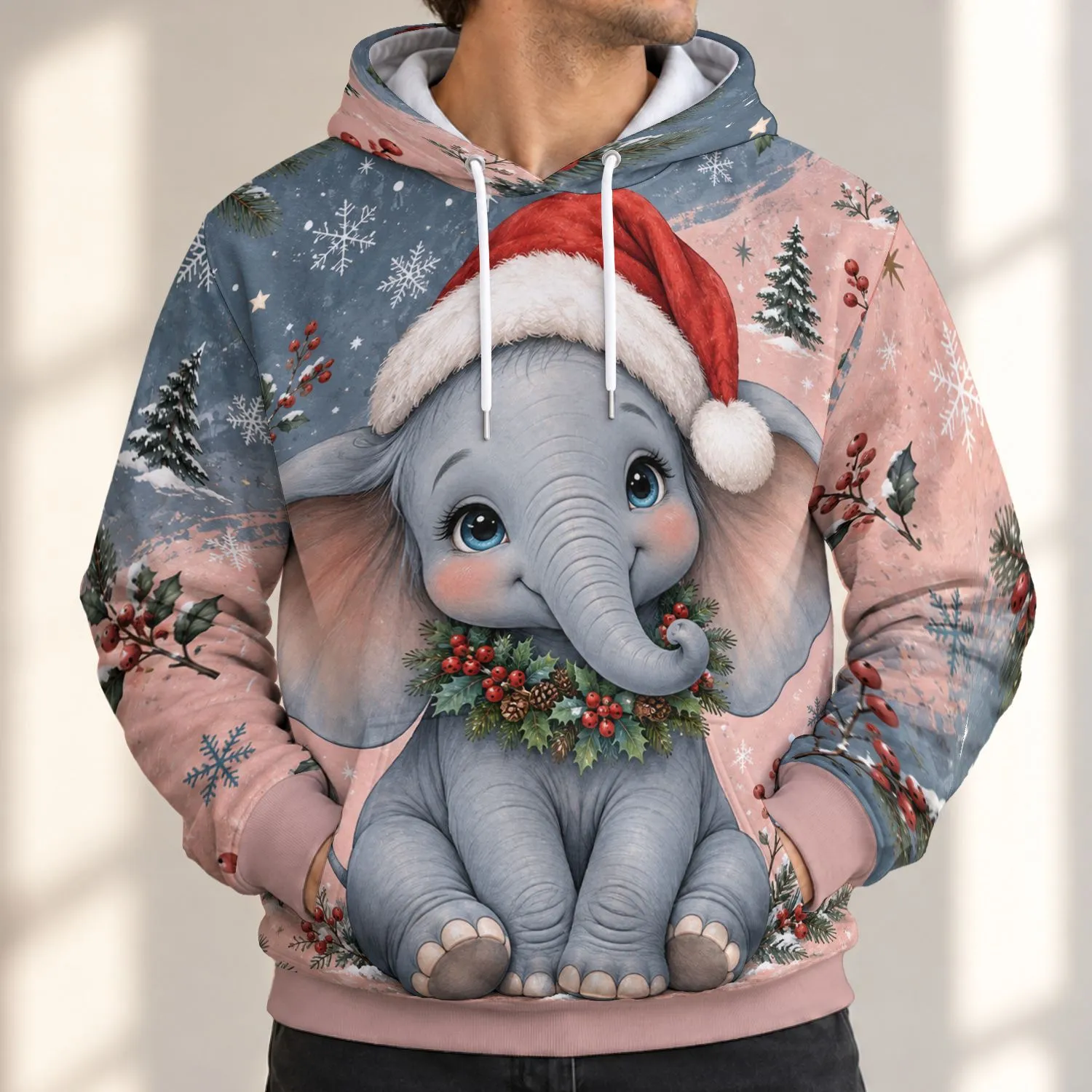 Sweet Baby Elephant in Santa Hat for Whimsical Christmas Cheer and Holiday Gifting All-over Print Hoodie (Lightweight) - 1