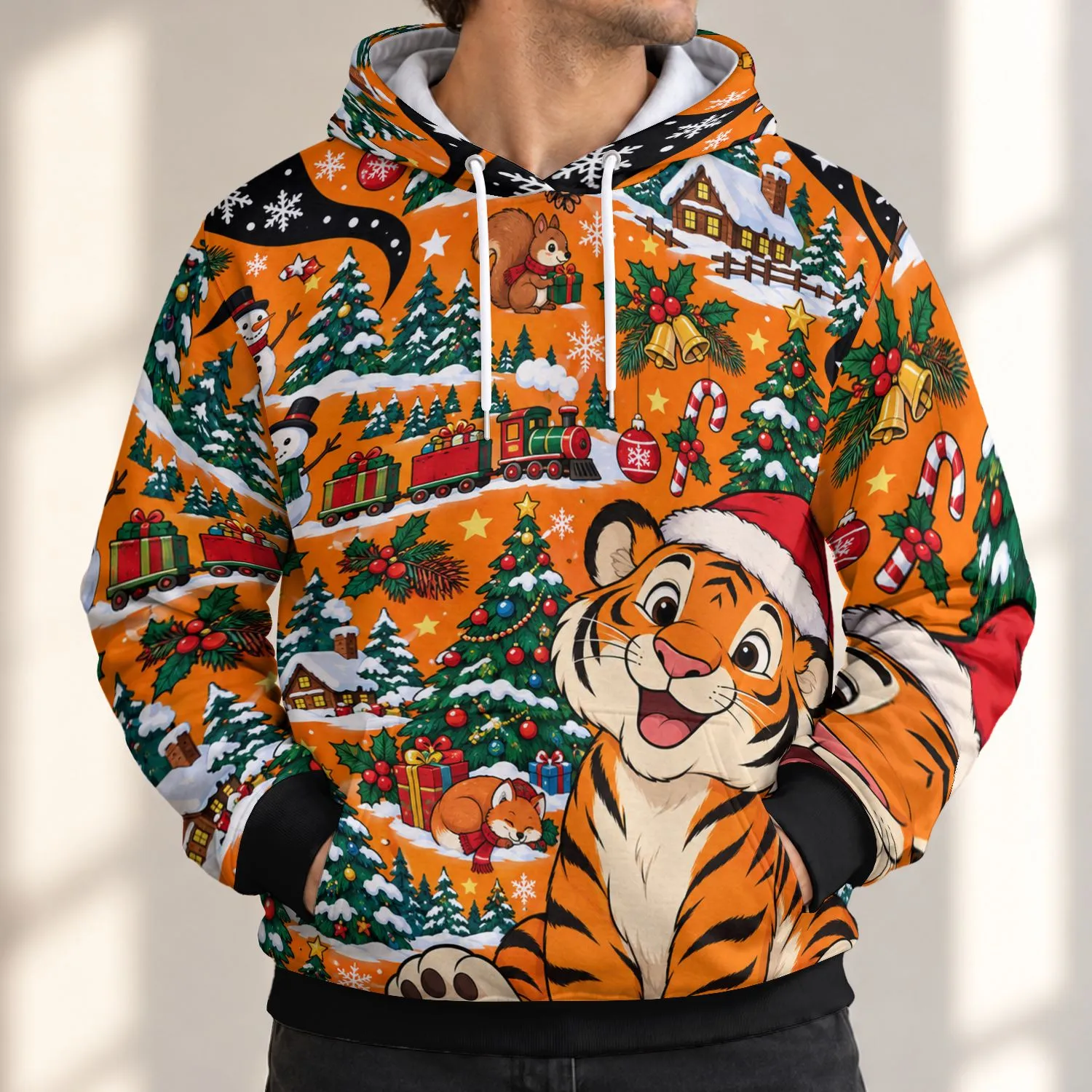 Orange Striped Cartoon Tiger in Santa Hat for Cozy Christmas Cheer and Winter Gift Giving All-over Print Hoodie (Lightweight) - 1