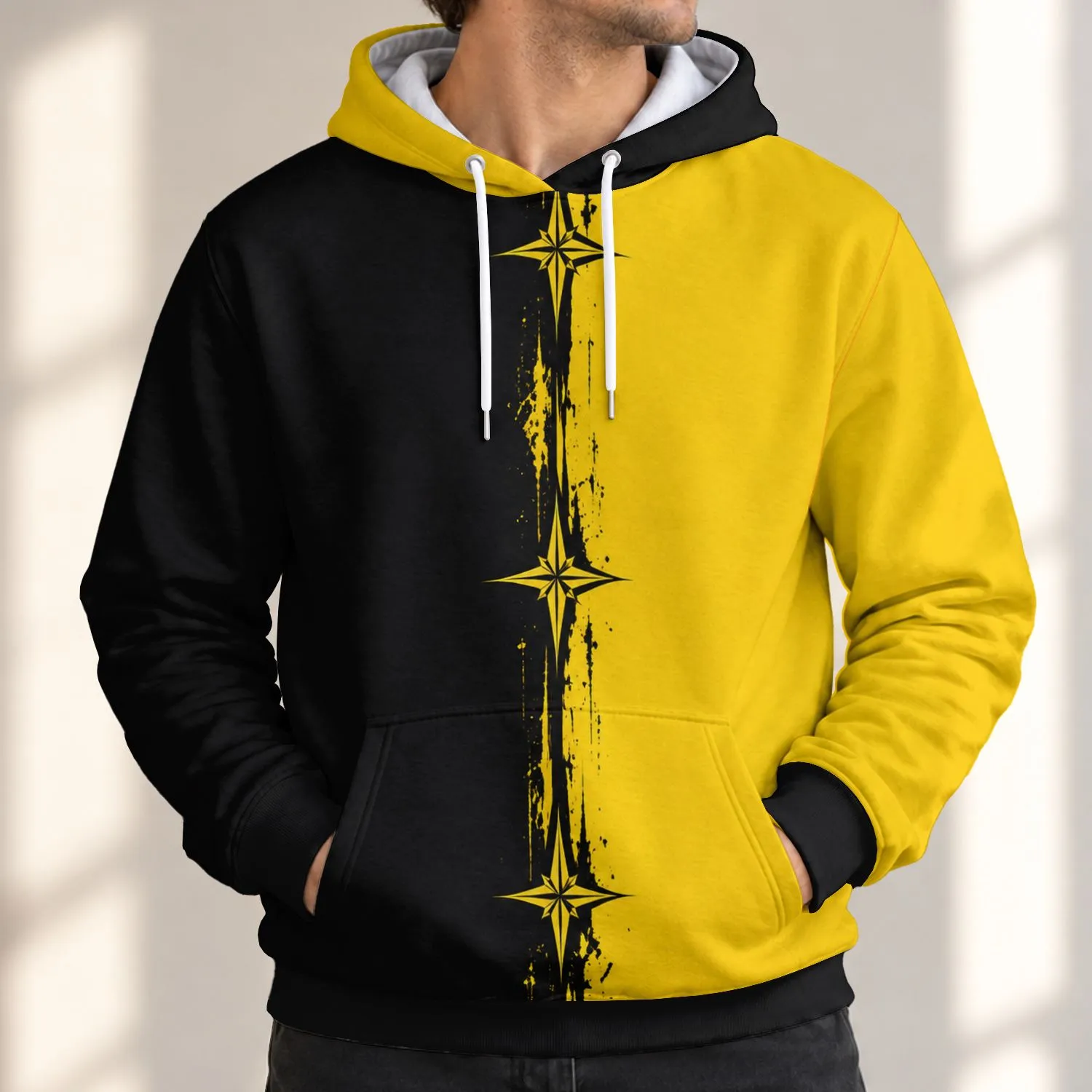 Black And Gold Starburst Motif For Game Day, Commutes, And Casual Streetwear All-over Print Hoodie (Lightweight) - 1