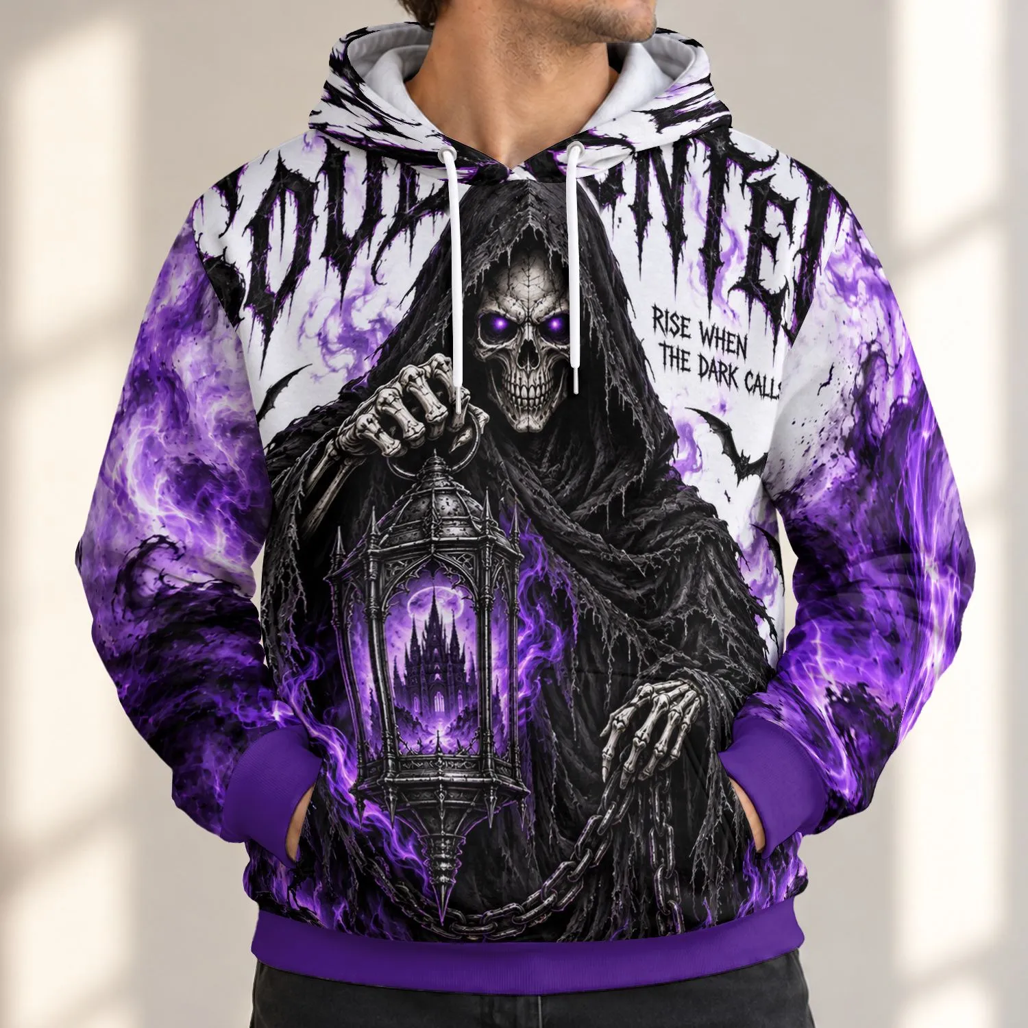 Hooded Reaper And Violet Flames For Halloween Nighttime Parties All-over Print Hoodie (Lightweight) - 1