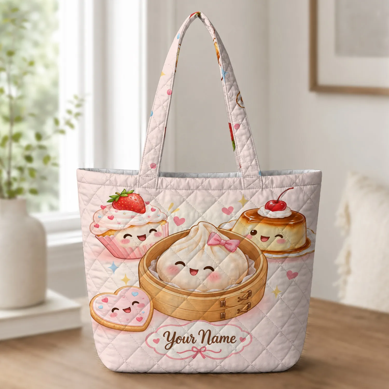 Kawaii Dumpling and Pastel Sweets for Bakery Visits and Cozy Everyday Outings for Kids Quilted Tote Bag - 1