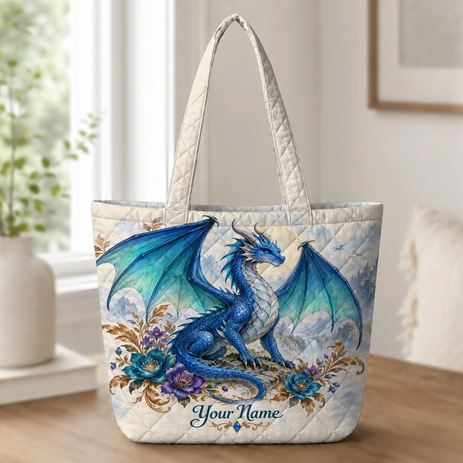 Blue Dragon Fantasy Gift for Mythical Creature Lovers and Storybook Enthusiasts Quilted Tote Bag - 1
