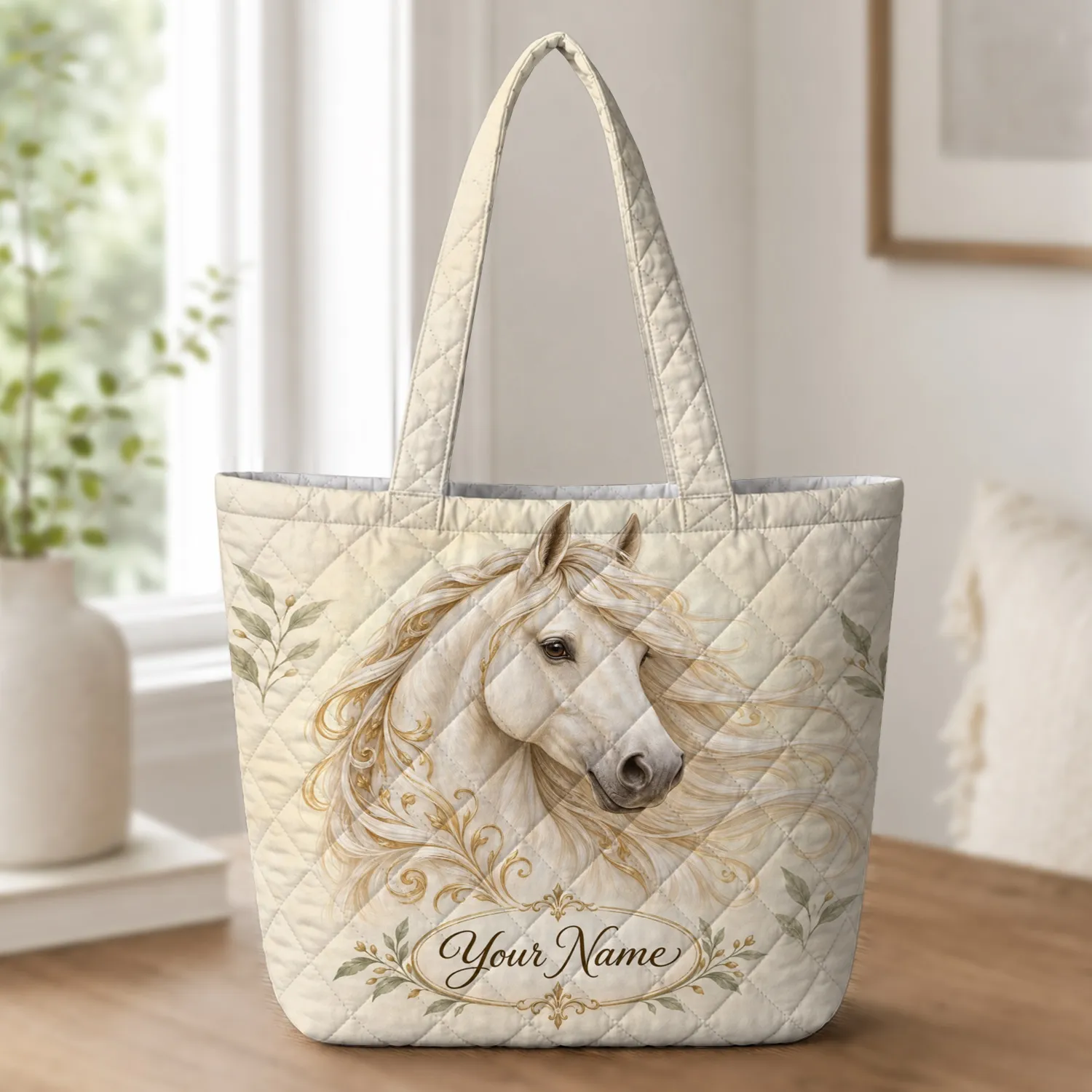 Ivory White Horse Portrait for Equestrian Style and Horse Lover Gifts Quilted Tote Bag - 1
