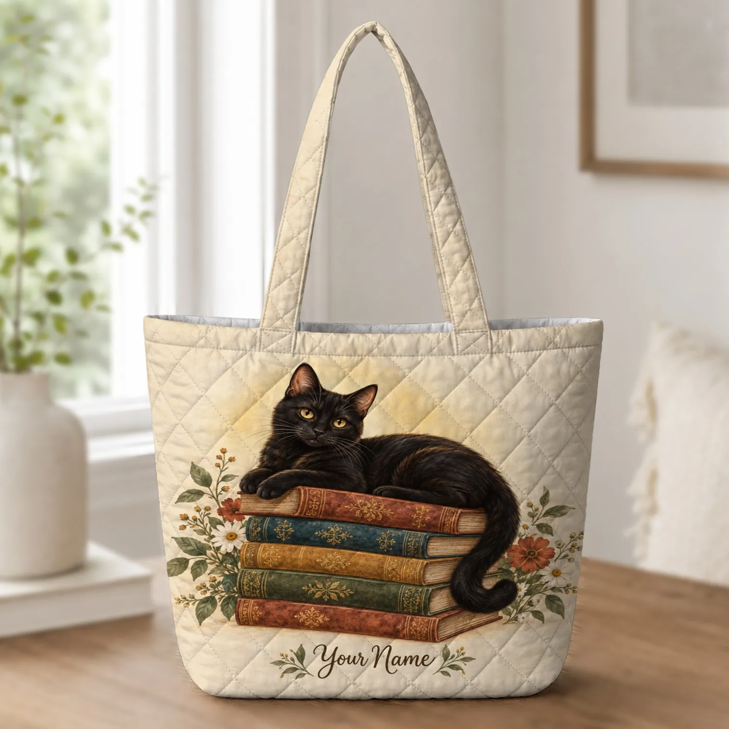 Black Cat Resting on Vintage Books for Cozy Cottagecore Reading Nooks and Book Lovers Quilted Tote Bag - 1