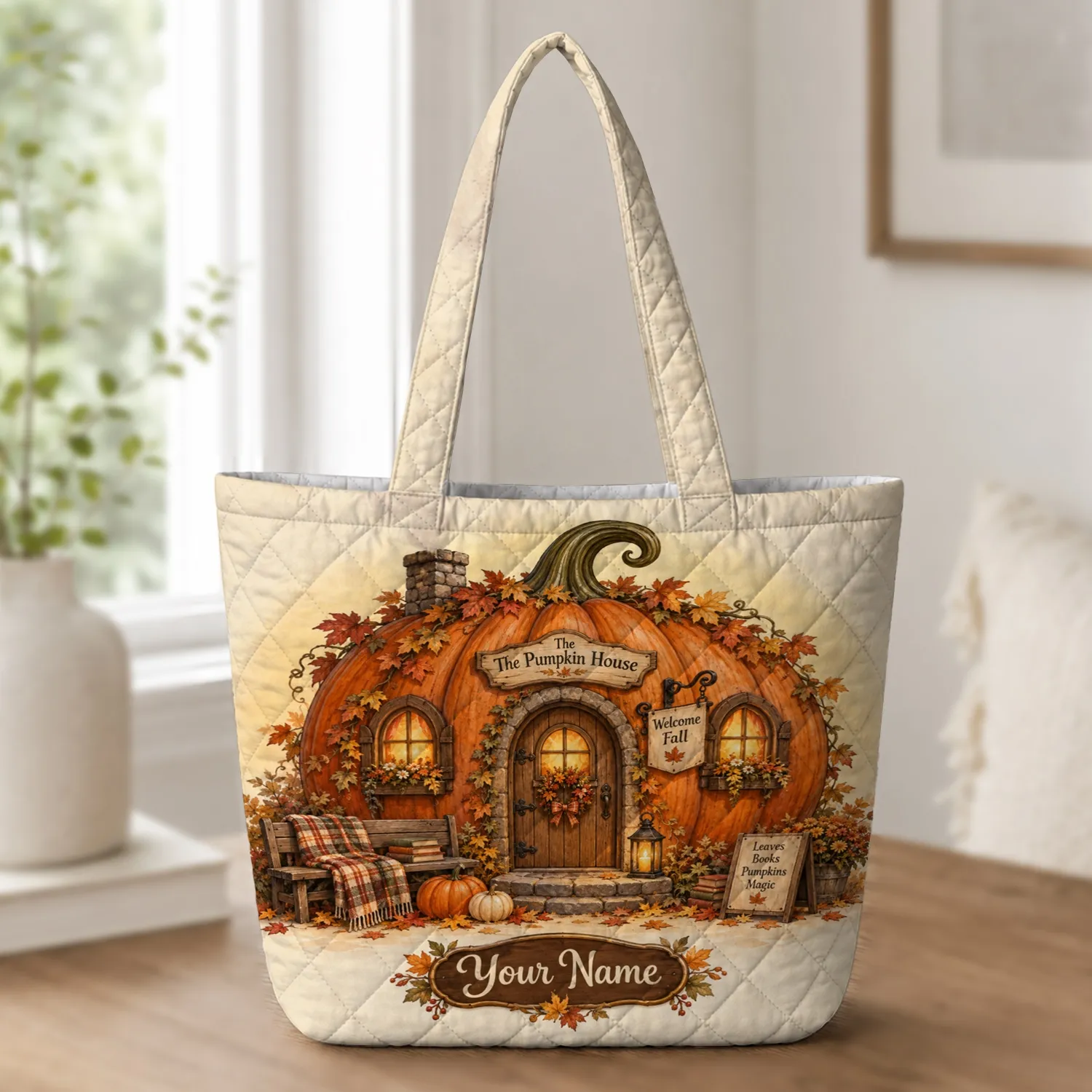 Wooden Pumpkin House for Cozy Autumn Reading Nooks and Fall Seasonal Home Decor Quilted Tote Bag - 1