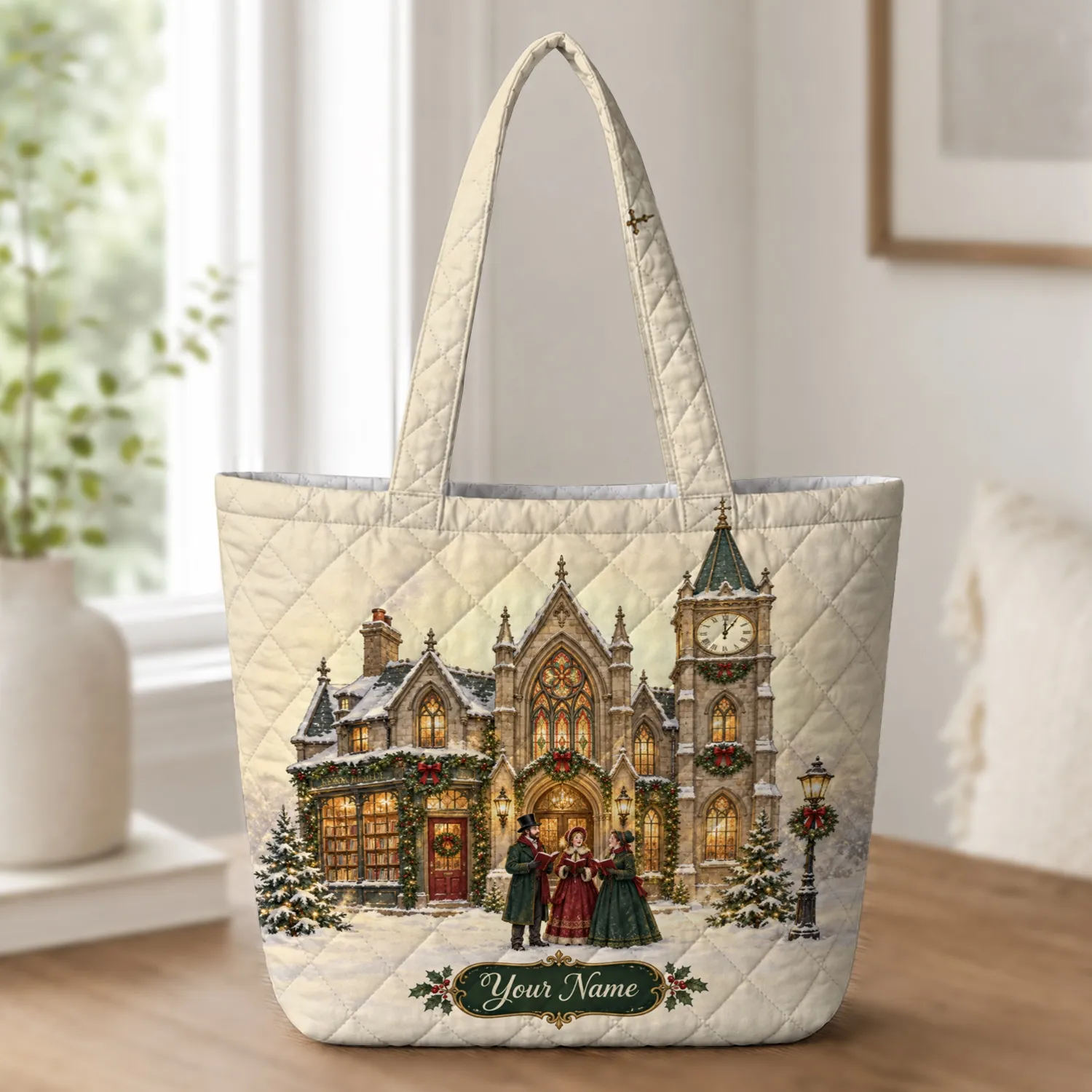 Victorian Christmas Carolers Village for Cozy Holiday Celebrations and Winter Gifting Quilted Tote Bag - 1