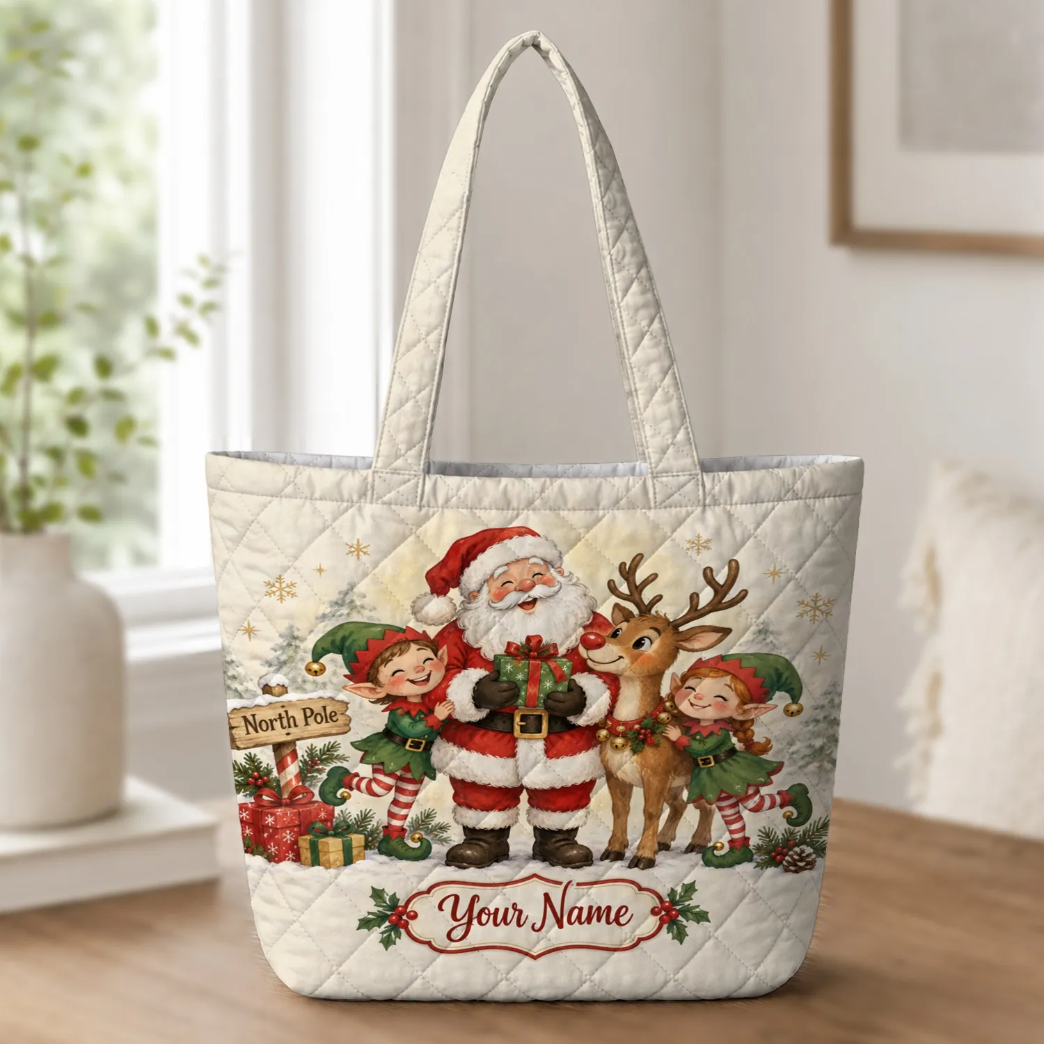 Santa Claus Reindeer and Elves Christmas Cheer for Holiday Gift Giving with Family Quilted Tote Bag - 1