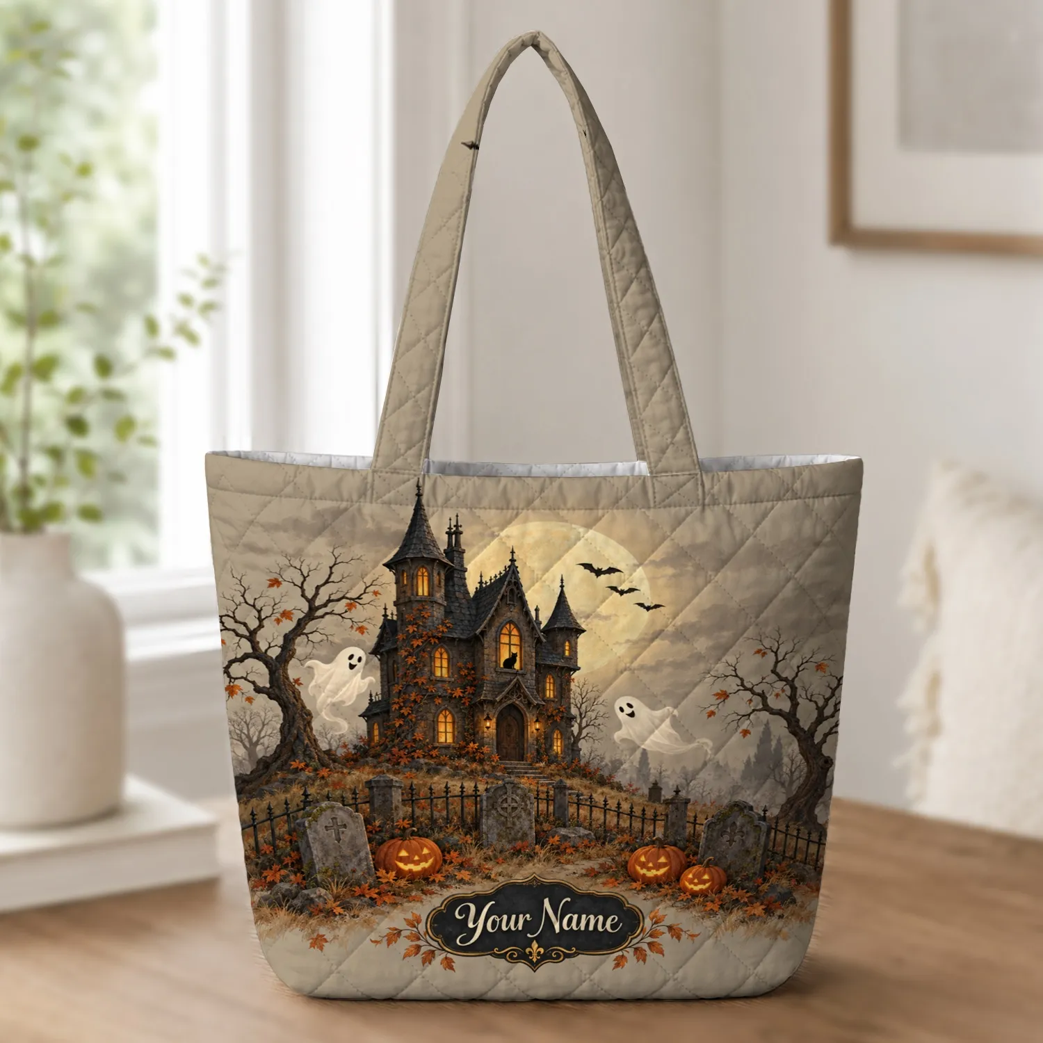 Haunted House, Ghosts And Pumpkins For Halloween Night Trick Or Treat Adventures Gift Quilted Tote Bag - 1