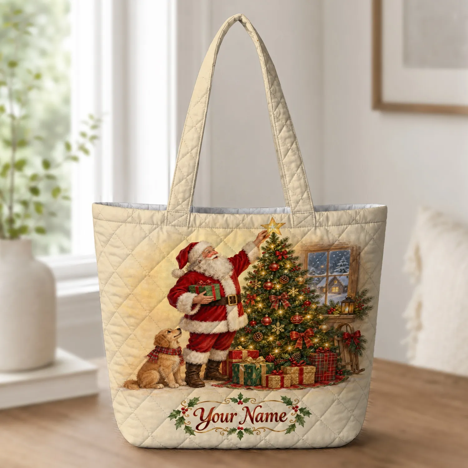 Santa Decorating A Christmas Tree For Cozy Holiday Gifting And Family Celebrations Quilted Tote Bag - 1