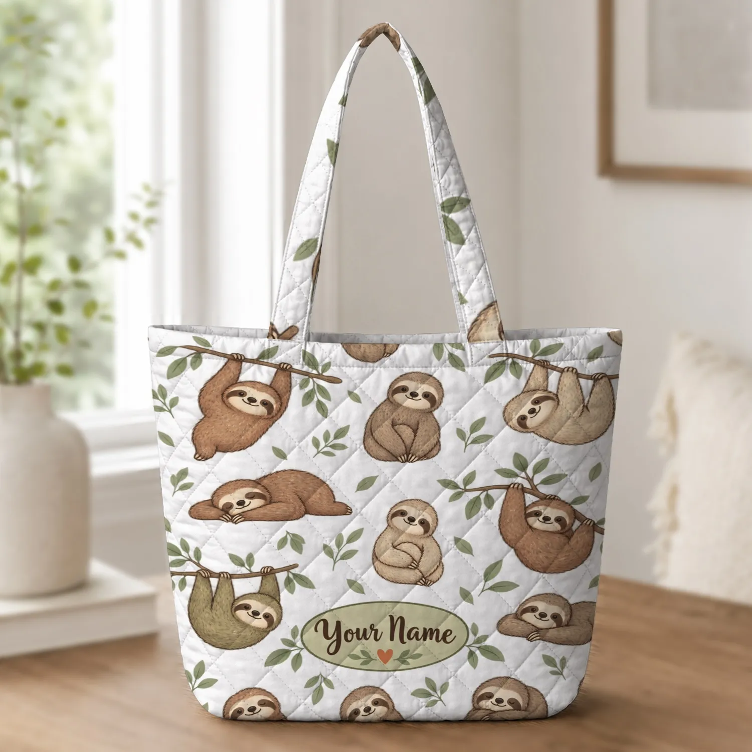Retro Cartoon Sloths for Relaxed Everyday Errands and Weekend Getaways Quilted Tote Bag - 1