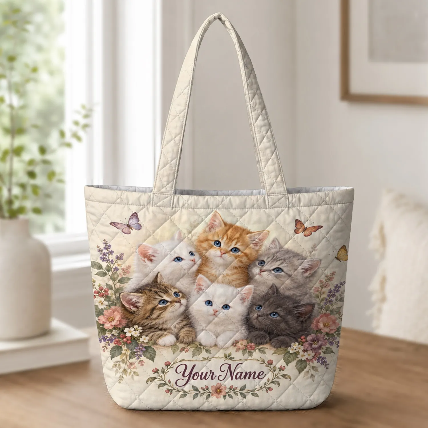 Six Kitten and Butterfly Countryside Florals for Cozy Picnic Days and Cat Lovers Gifting Quilted Tote Bag - 1