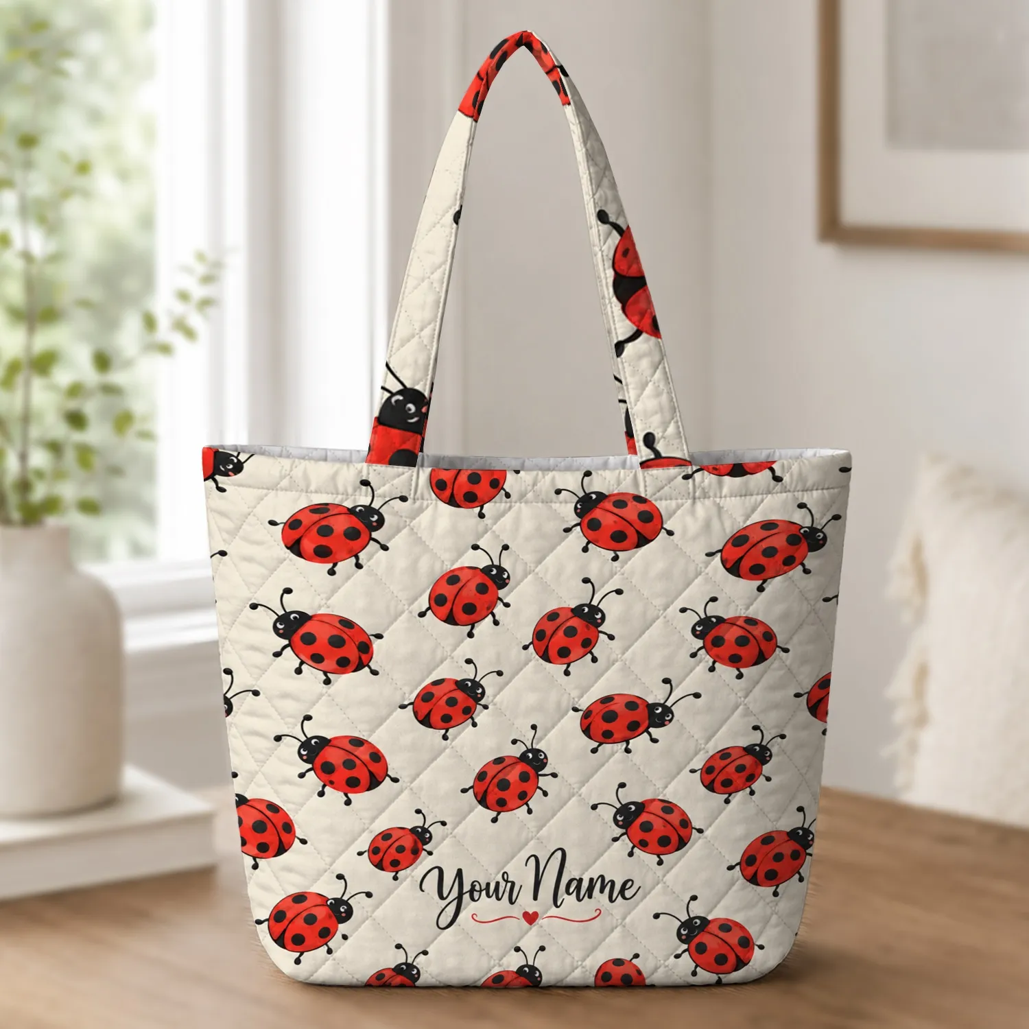 Cheerful Red Ladybugs for Springtime Outings and Everyday Style for Women and Girls Quilted Tote Bag - 1