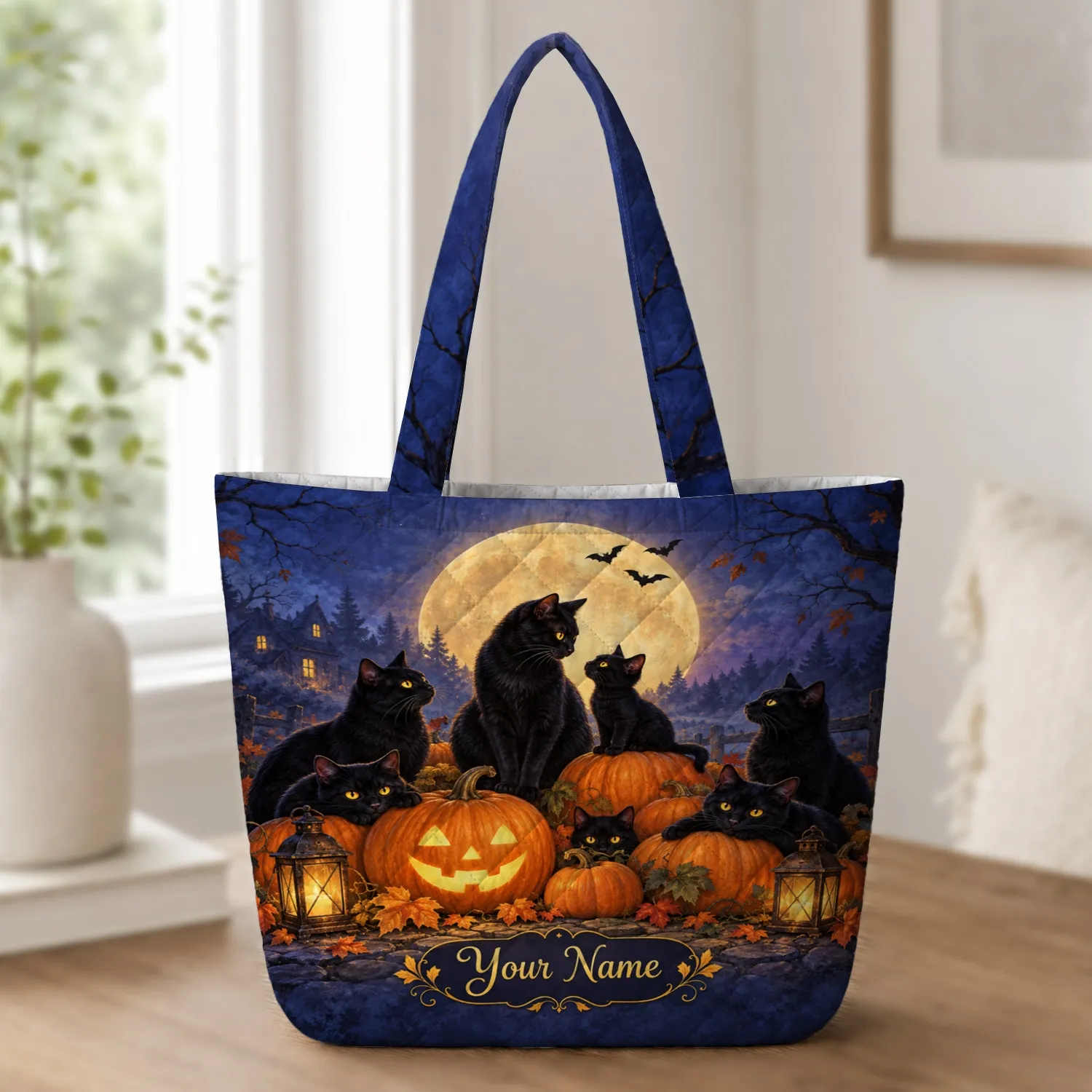 Black Cats and Pumpkin Lanterns for Halloween Night, Autumn Gifts for Cat Lovers Quilted Tote Bag - 1
