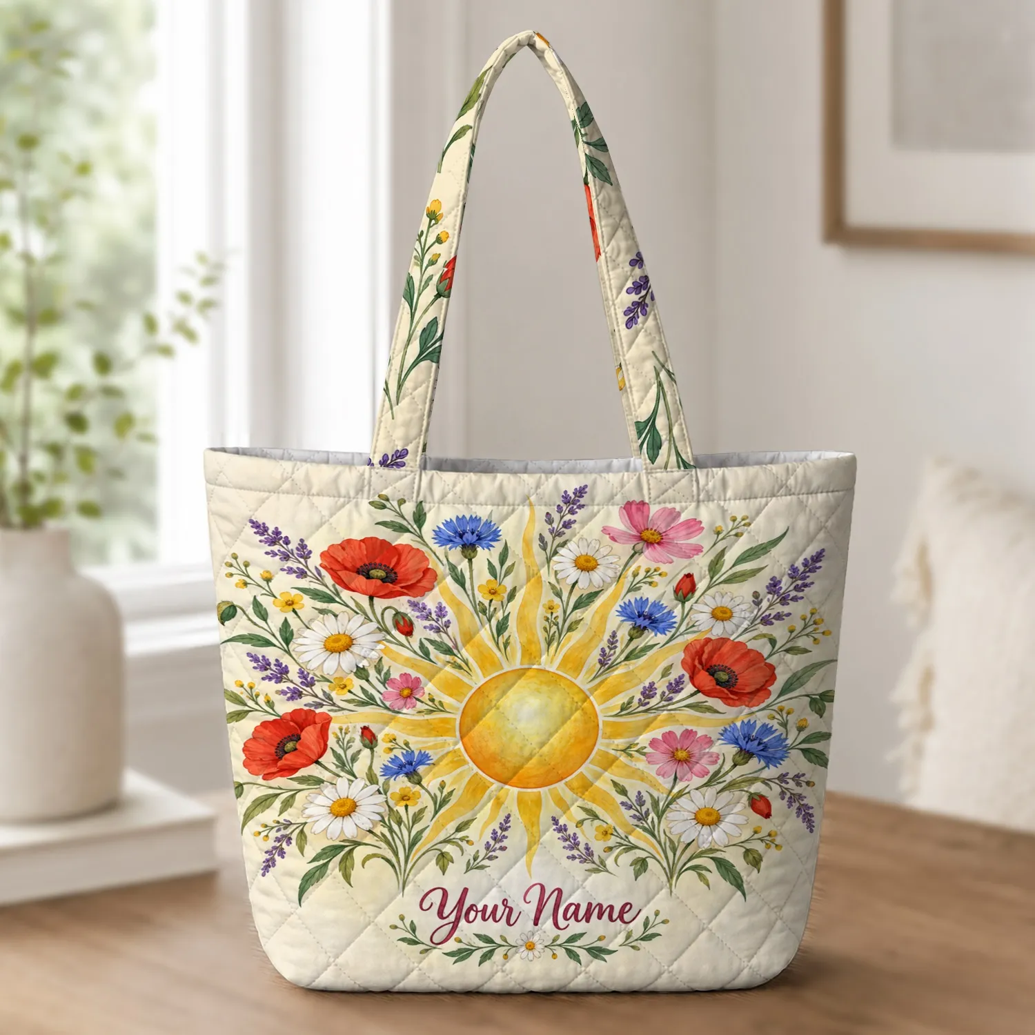 Wildflower Sunburst Meadow For Sunny Beach Days And Cottage Garden Outings For Her Quilted Tote Bag - 1
