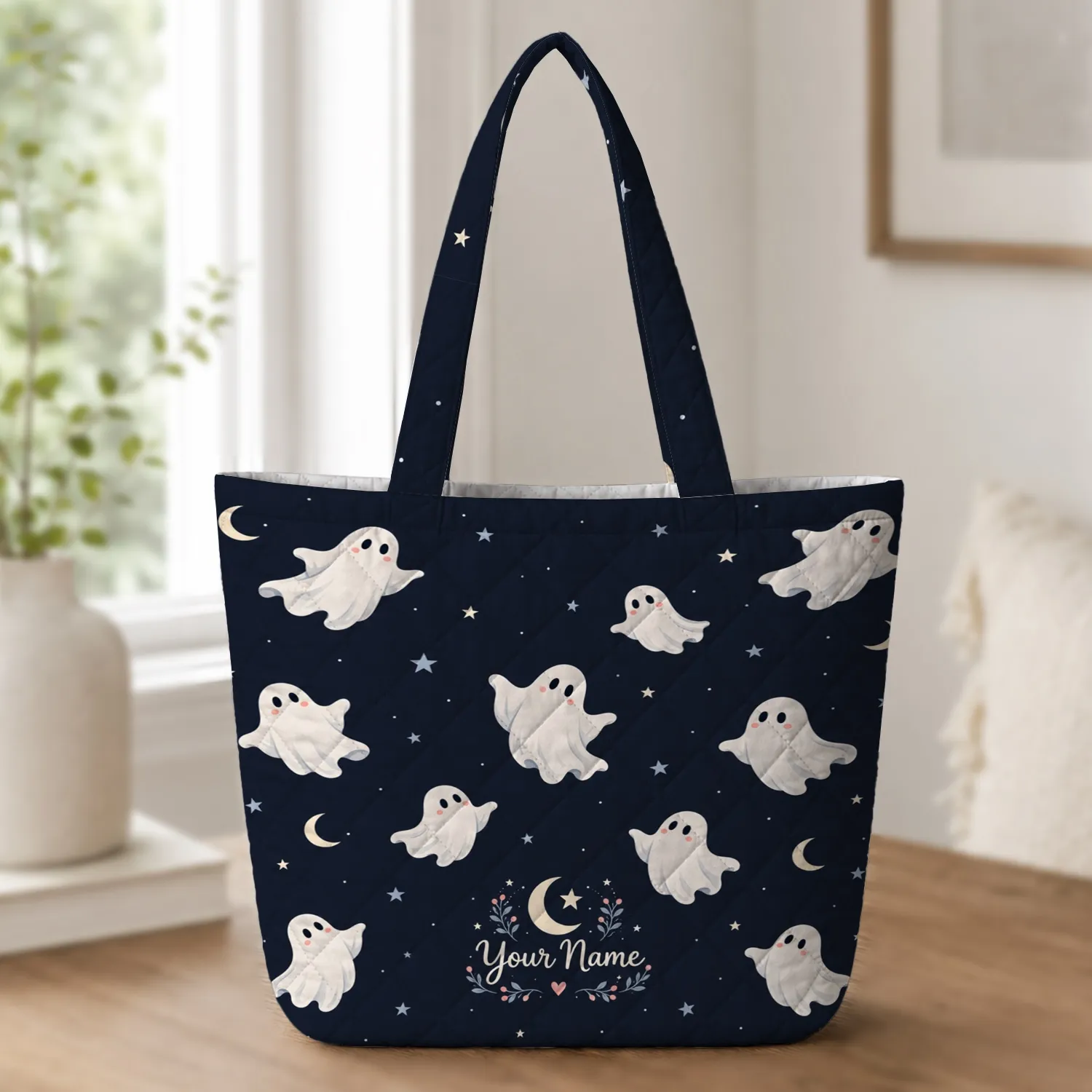 Celestial Ghosts and Crescent Moons for Spooky Season Lunches and Halloween Lovers Quilted Tote Bag - 1