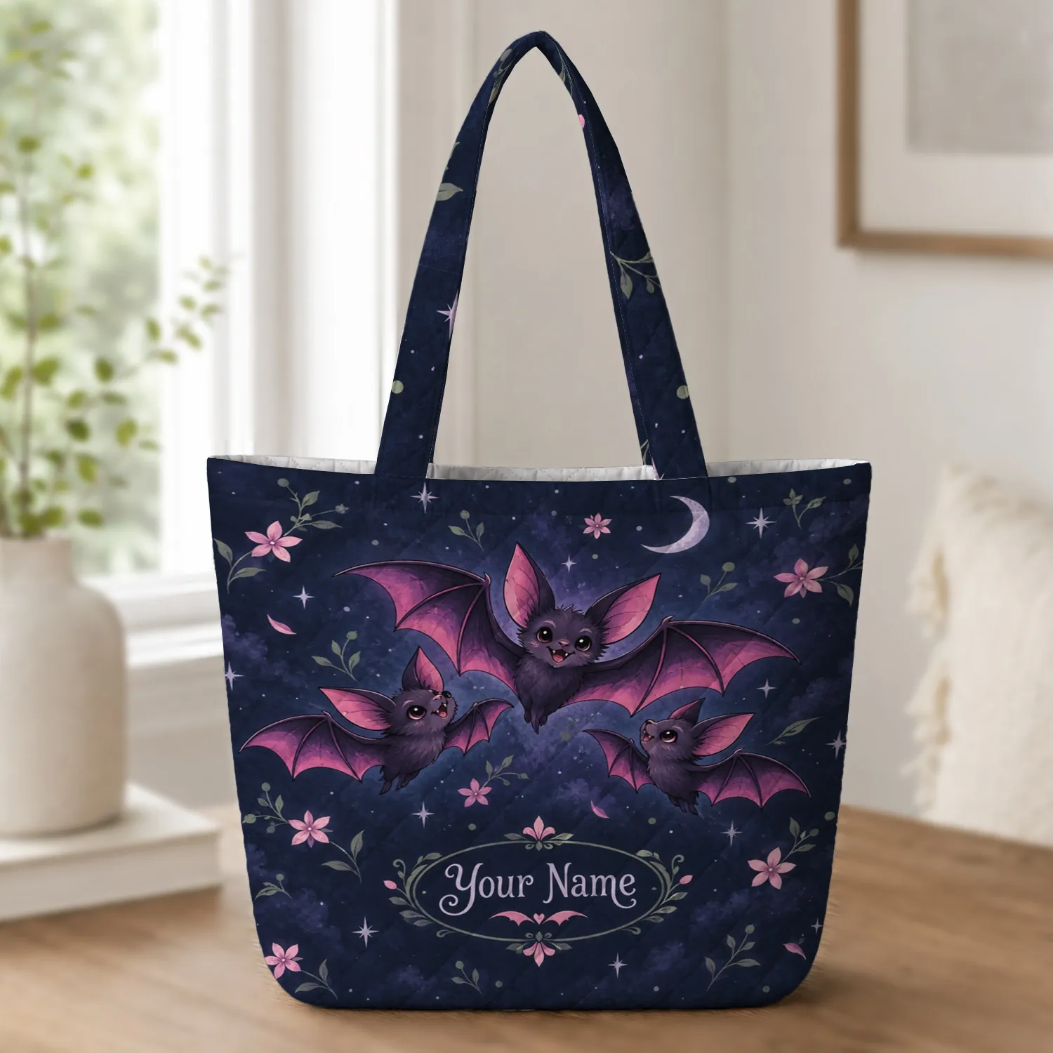 Midnight Bats and Starlit Blooms for Halloween Nights and Spooky Season Gift Giving Quilted Tote Bag - 1