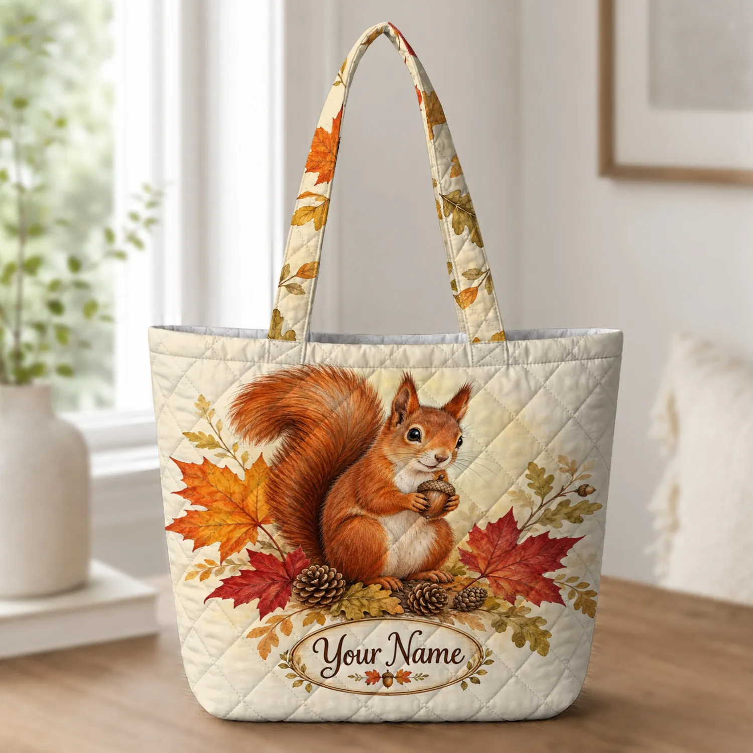 Autumn Squirrel and Maple Leaves for Cozy Woodland Weekends and Fall Birthday Gifts Quilted Tote Bag - 1