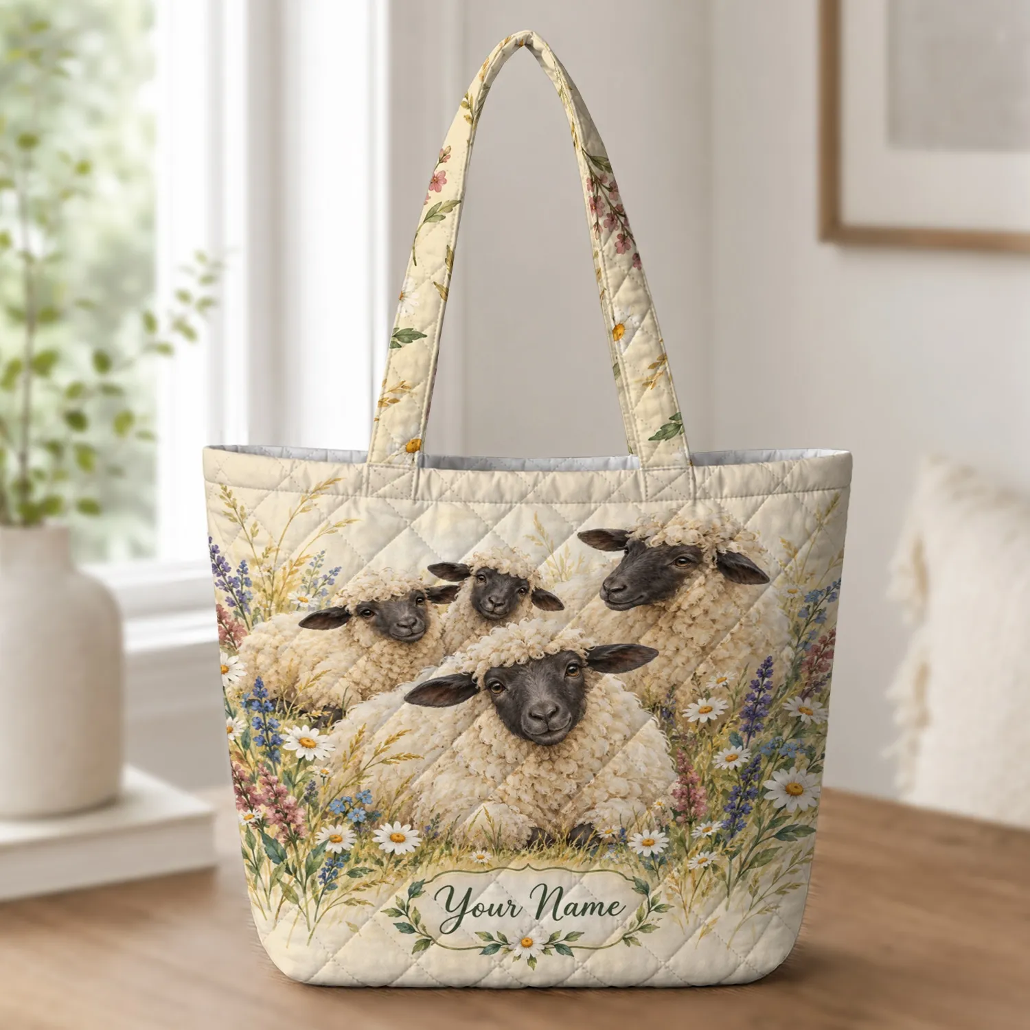 Cream Wool Sheep Among Wildflowers for Cottagecore Days and Farmhouse Gift Giving Quilted Tote Bag - 1