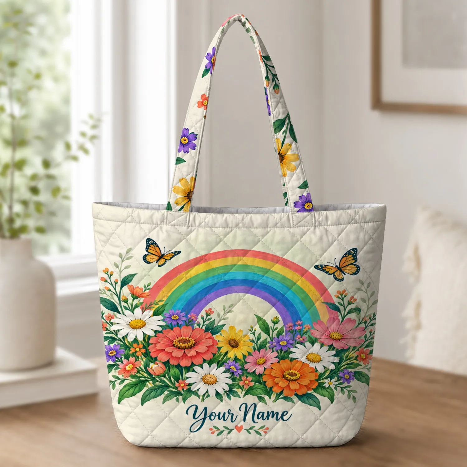 Rainbow Chevron Wildflower Garden for Summer Beach Days and Weekend Travel Gift for Her Quilted Tote Bag - 1