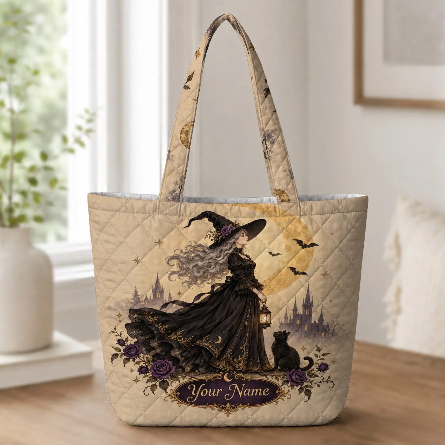 Crescent Moon Witch and Black Cat for Halloween Nights and Dark Academia Style Quilted Tote Bag - 1