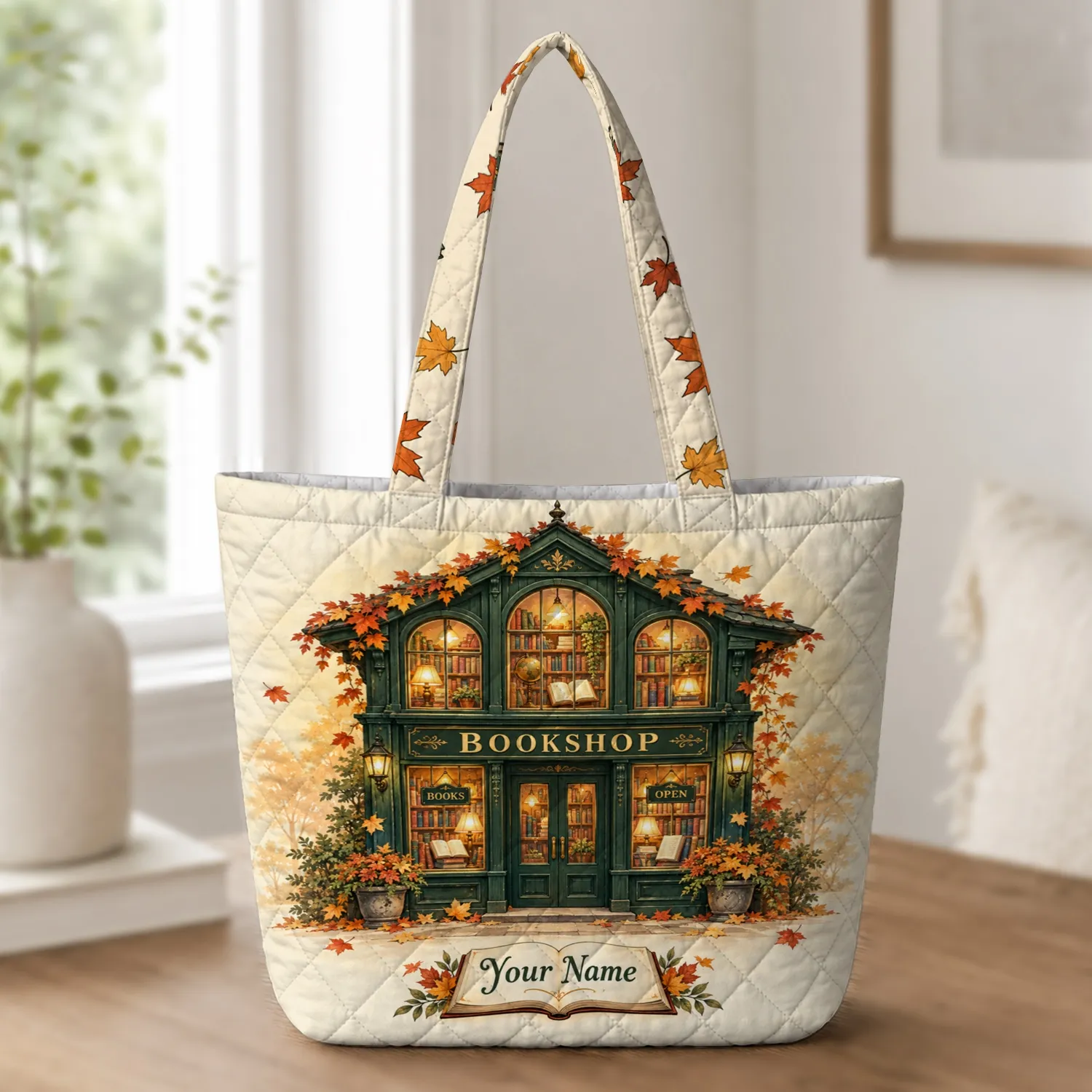 Autumn Bookshop and Falling Leaves for Cozy Library Reading and Book Lover Gifts Quilted Tote Bag - 1