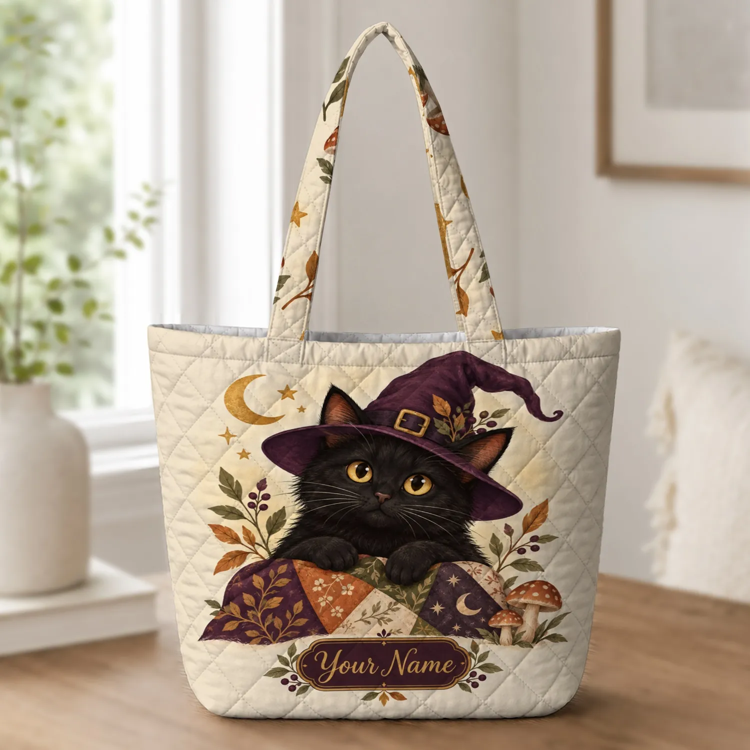 Witchy Black Cat and Crescent Moon for Halloween Cottagecore Autumn Gift Quilted Tote Bag - 1