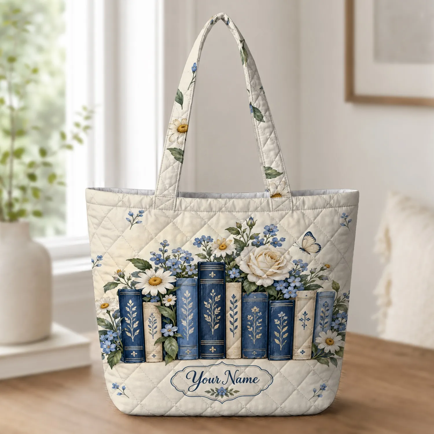 Blue Floral Bookshelf With Daisies For Readers And Cozy Library Days Quilted Tote Bag - 1