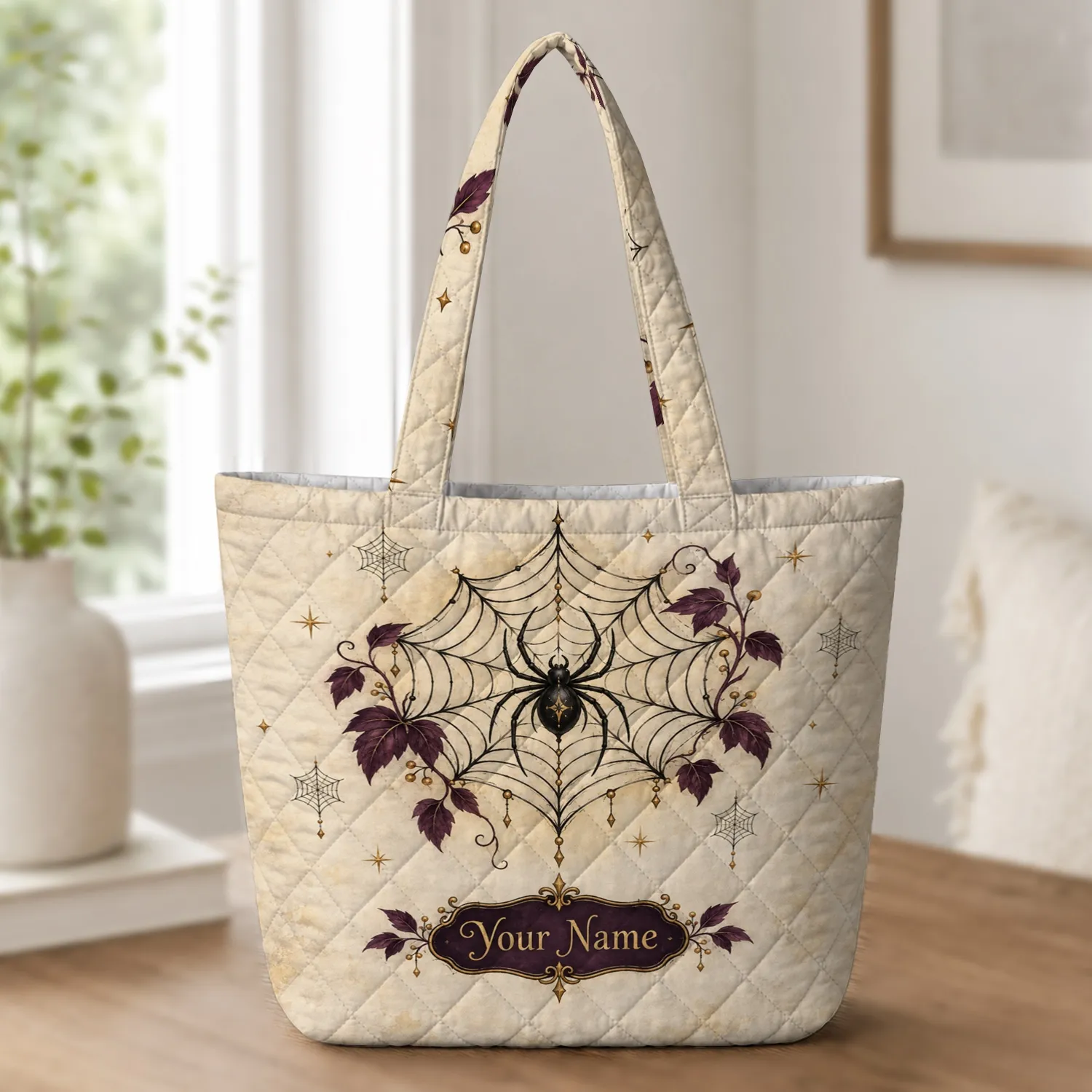 Ivory Spiderweb And Black Spider For Halloween Parties And Gothic Autumn Outings Quilted Tote Bag - 1